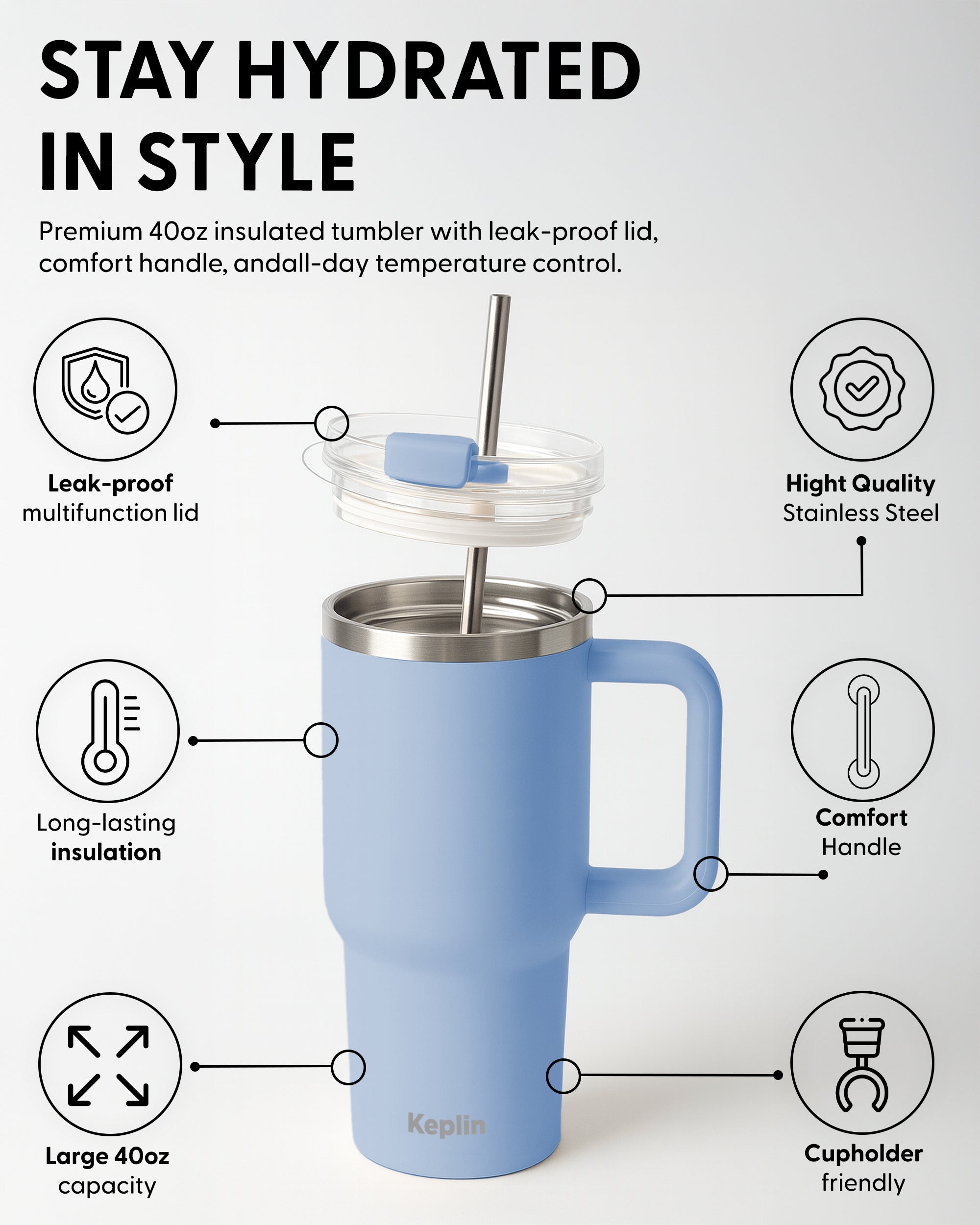 Keplin Tumbler 40 oz with Handle, Stainless Steel Vacuum Insulated Water Bottle with Straw and Lid, Cold for 29 Hours, Travel Mug, Thermal Flask, BPA Free