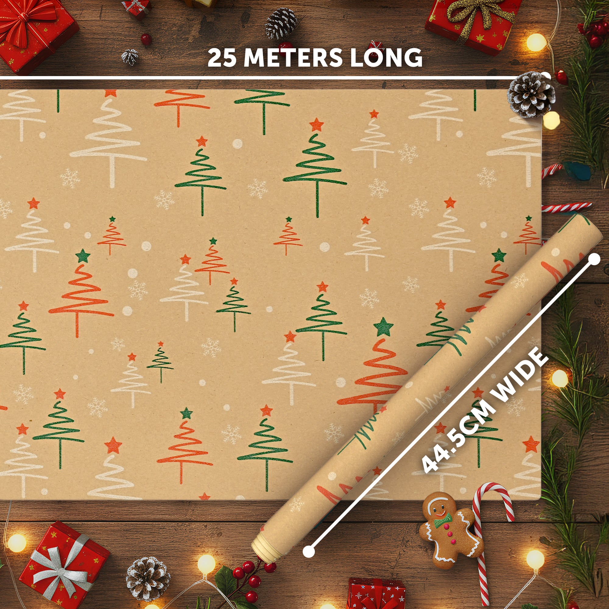 Kraft & Co 2 Pack Christmas Wrapping Paper Roll - Festive Designed Recyclable Kraft Paper, Perfect for Holiday Gifts, Arts & Crafts-Wrapping for a Merry Christmas (44.5cm x 25m)