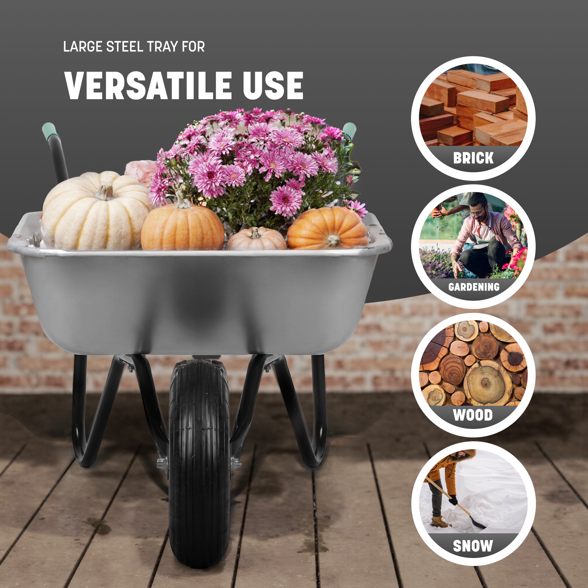 Keplin Heavy Duty Wheelbarrow - 200kg Load, Galvanized Steel Garden Large Wheel Barrow, 1 Pneumatic Tyre, Durable & Easy to Use for Gardening, Landscaping, DIY, Outdoor Tasks & Rough Terrain