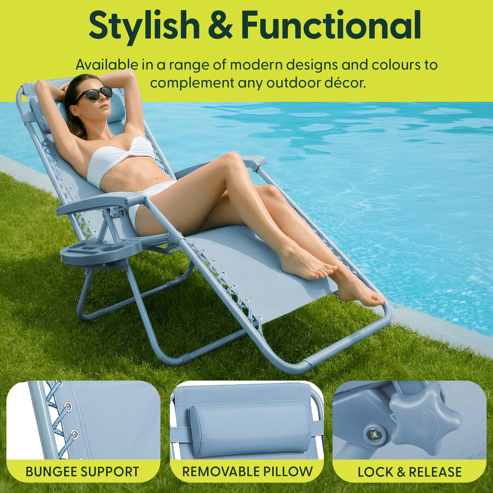 KEPLIN Set of 2 Heavy Duty Monocolour and Basic Textoline Zero Gravity Chairs for Garden Light Reclining Patio Sun loungers Easy to Clean Adjustable Head Rest Foldable with Cup & Phone Holder
