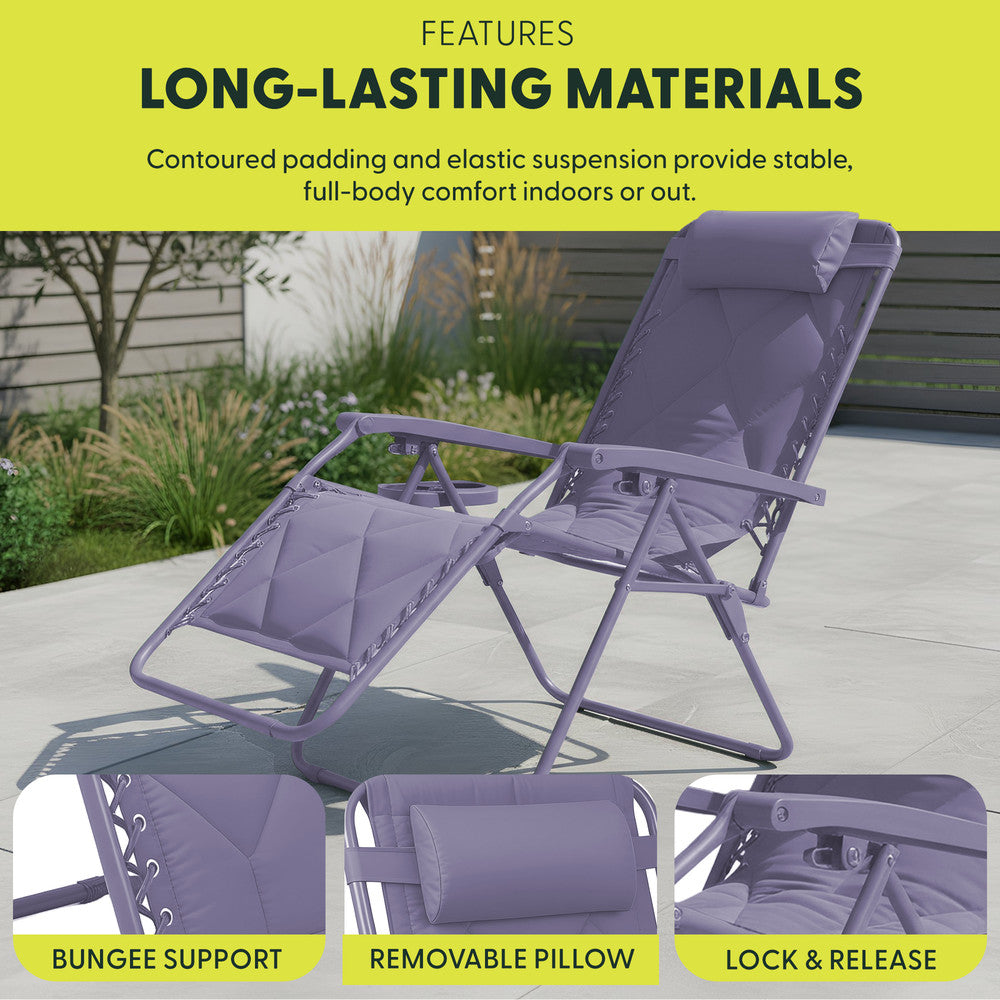 KEPLIN Set of 2 XXL Premium Heavy Duty Quilted Zero Gravity Chairs - Luxurious Garden Recliners, Adjustable Headrest, Cup & Phone Holder, Foldable, Easy to Clean Patio Sun Loungers