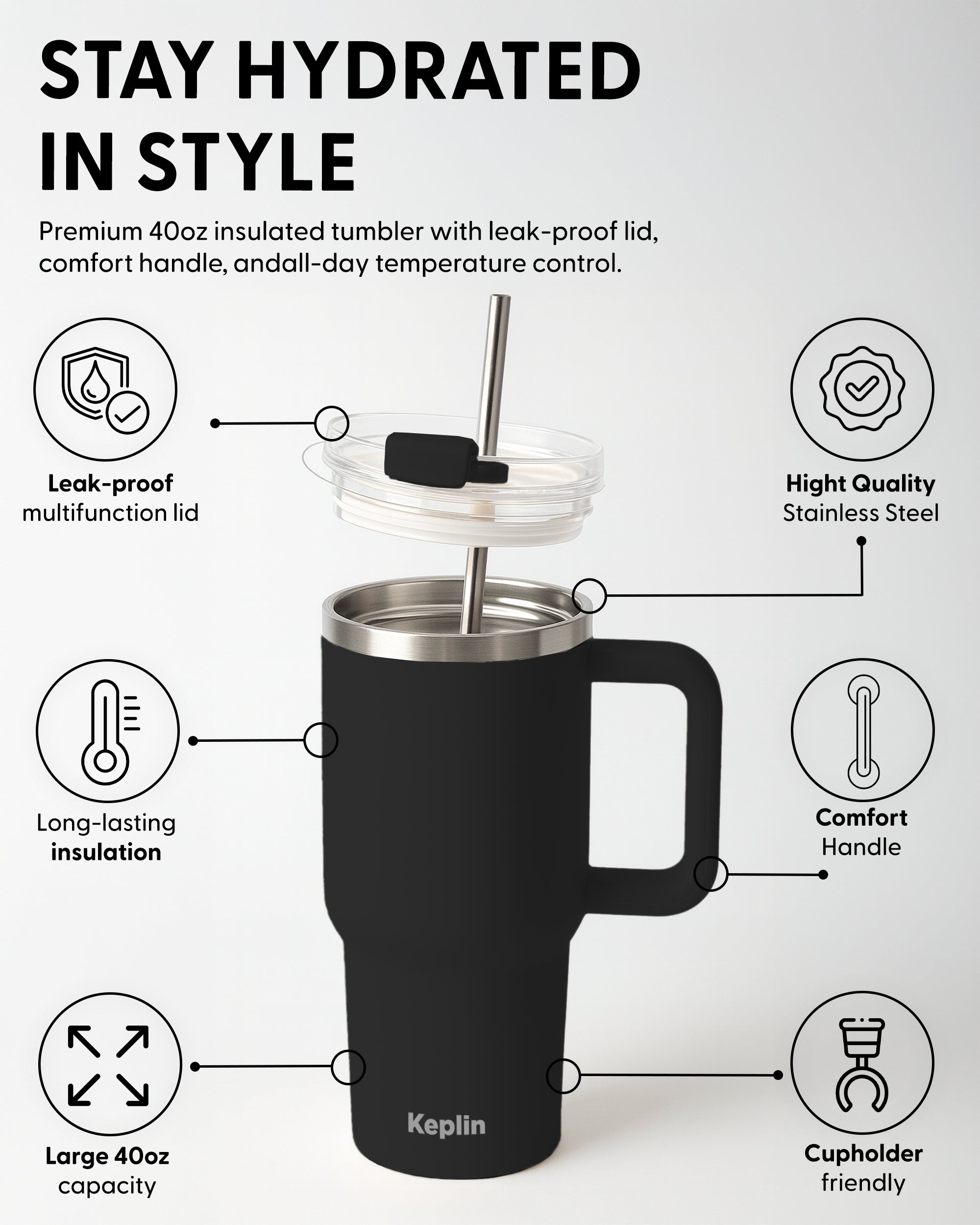 Keplin Tumbler 40 oz with Handle, Stainless Steel Vacuum Insulated Water Bottle with Straw and Lid, Cold for 29 Hours, Travel Mug, Thermal Flask, BPA Free