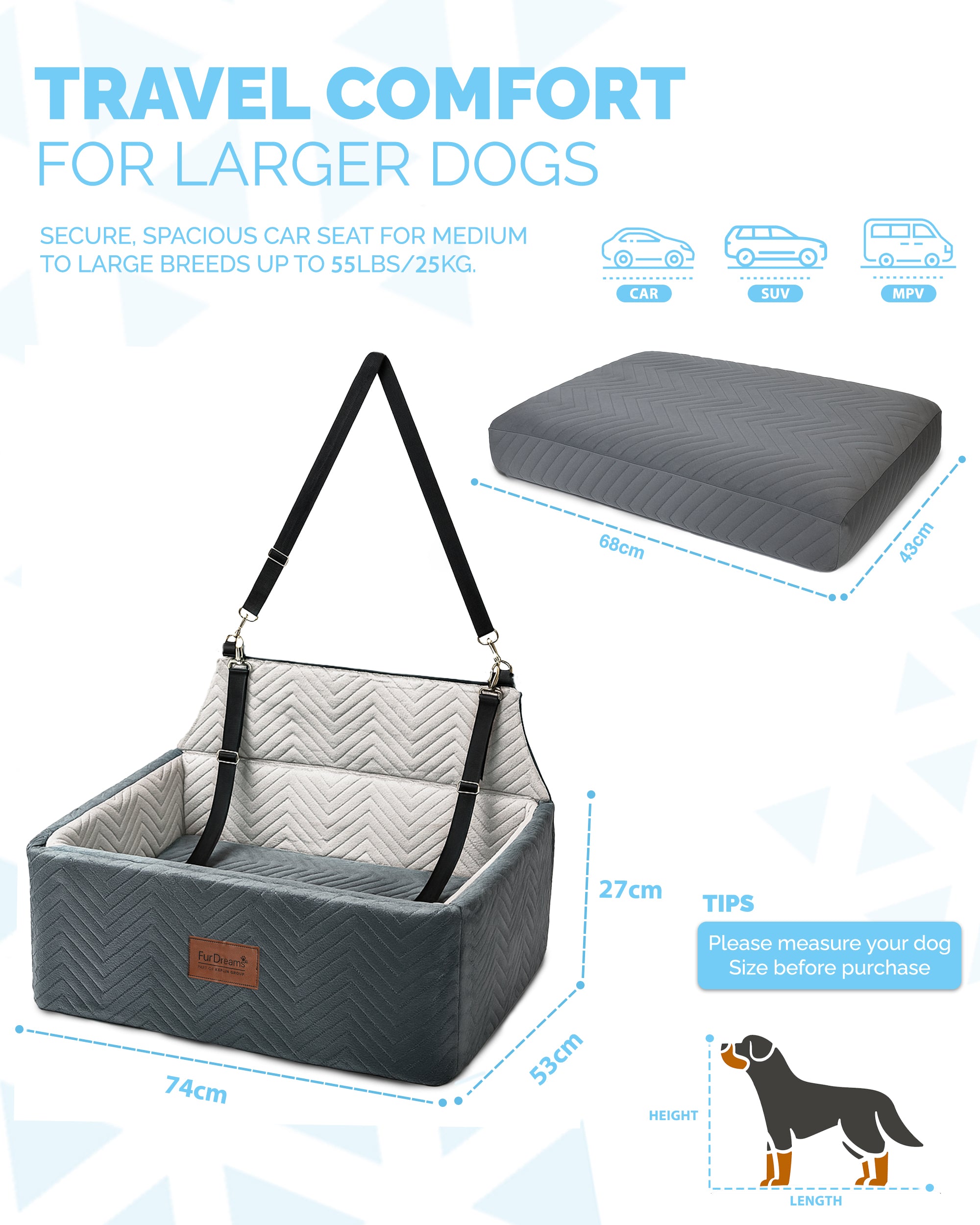 Furdreams XL Dog Car Seat – Plush Travel Bed with 10cm Foam Booster – Fits Dogs Up to 27kg – Non-Slip Base – 74x53x27cm – Converts to Cozy Sofa Bed – Machine Washable Cover