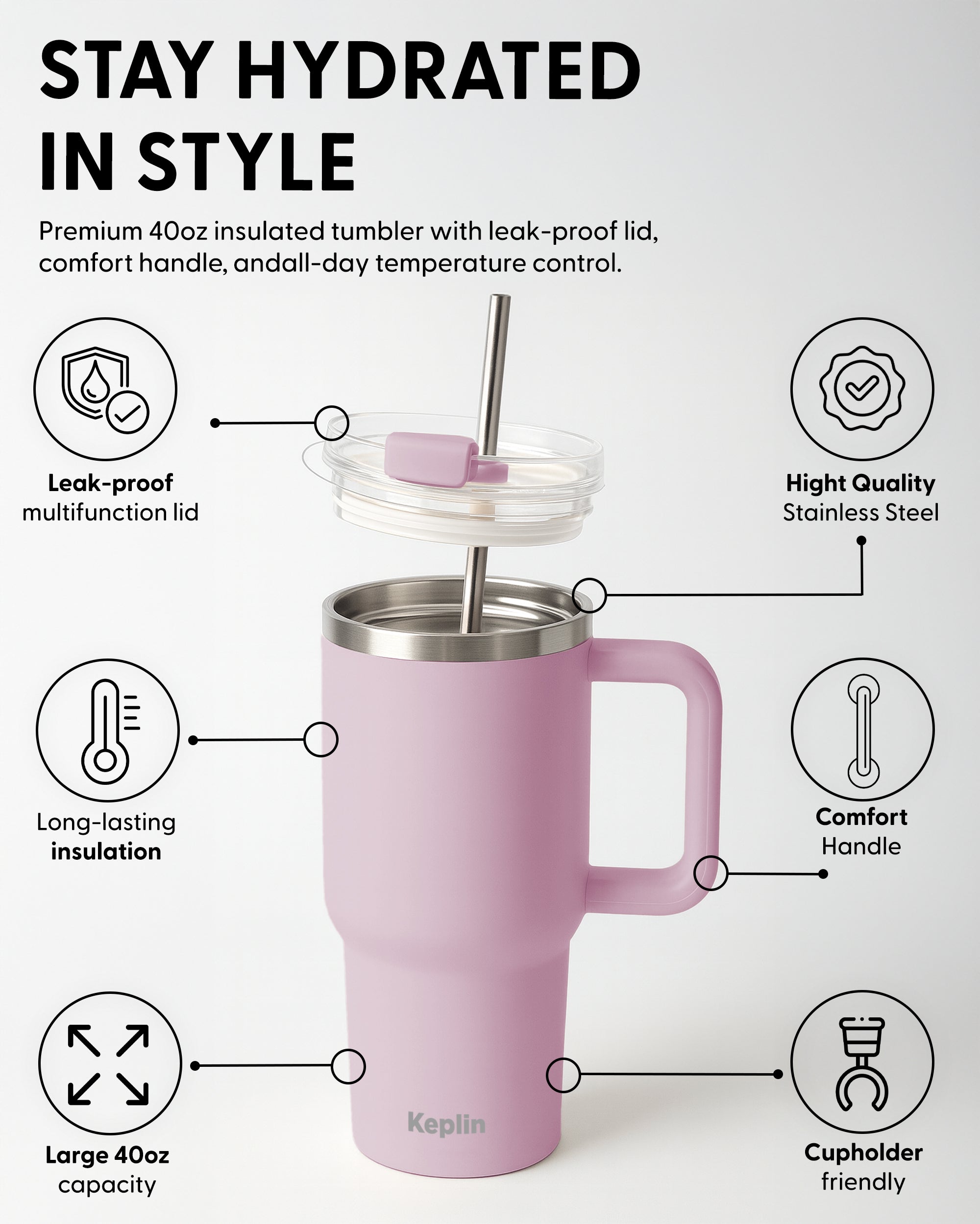 Keplin Tumbler 40 oz with Handle, Stainless Steel Vacuum Insulated Water Bottle with Straw and Lid, Cold for 29 Hours, Travel Mug, Thermal Flask, BPA Free