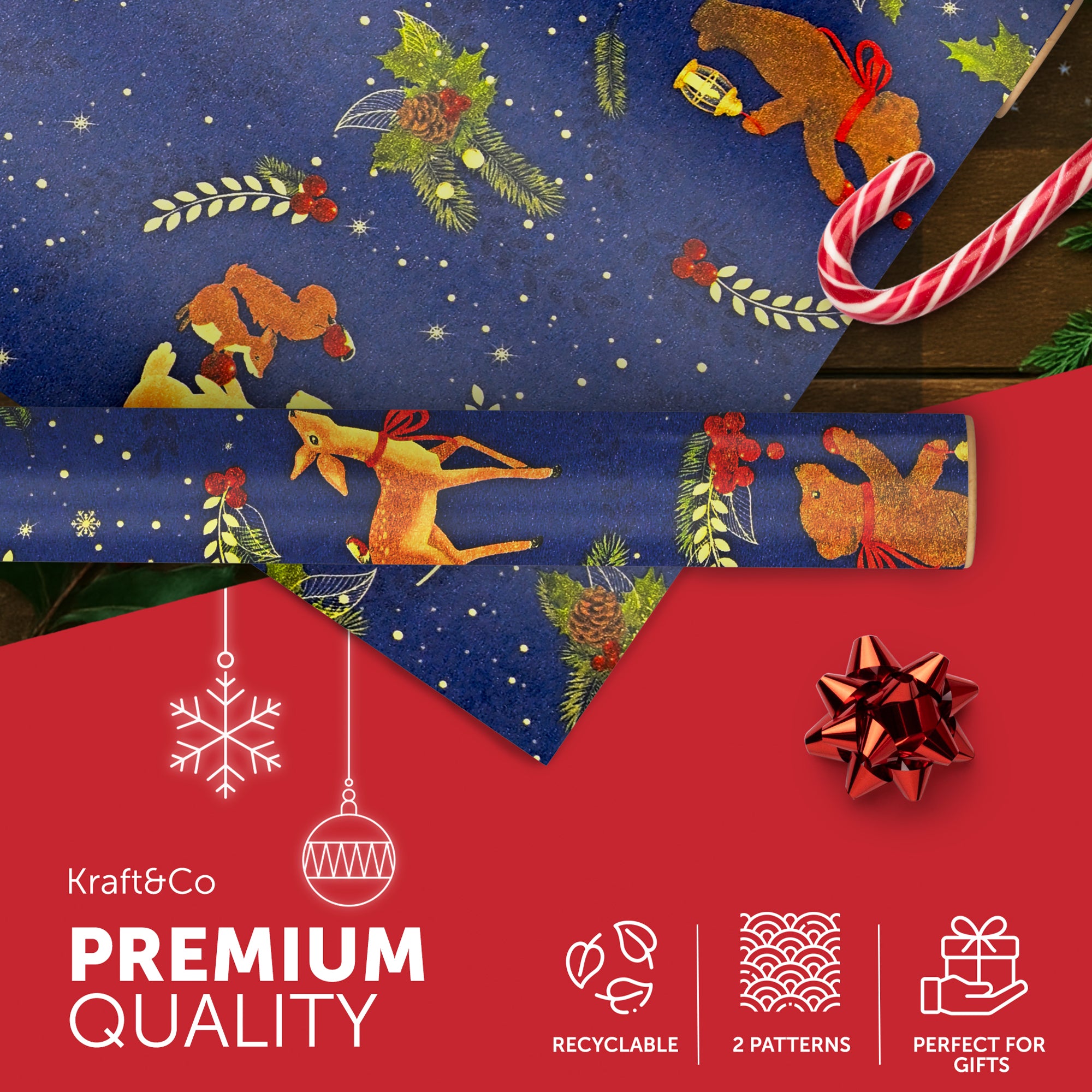 Kraft & Co 2 Pack Christmas Wrapping Paper Roll - Festive Designed Recyclable Kraft Paper, Perfect for Holiday Gifts, Arts & Crafts-Wrapping for a Merry Christmas (44.5cm x 25m)