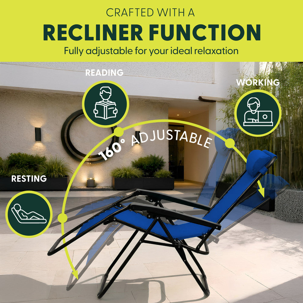 KEPLIN Set of 2 Heavy Duty Monocolour and Basic Textoline Zero Gravity Chairs for Garden Light Reclining Patio Sun loungers Easy to Clean Adjustable Head Rest Foldable with Cup & Phone Holder
