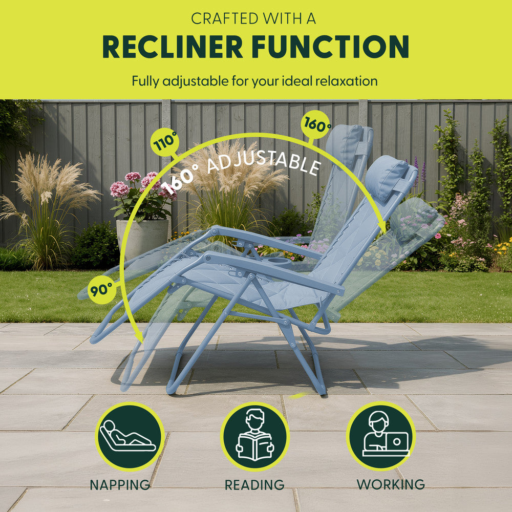 KEPLIN Set of 2 XXL Premium Heavy Duty Quilted Zero Gravity Chairs - Luxurious Garden Recliners, Adjustable Headrest, Cup & Phone Holder, Foldable, Easy to Clean Patio Sun Loungers