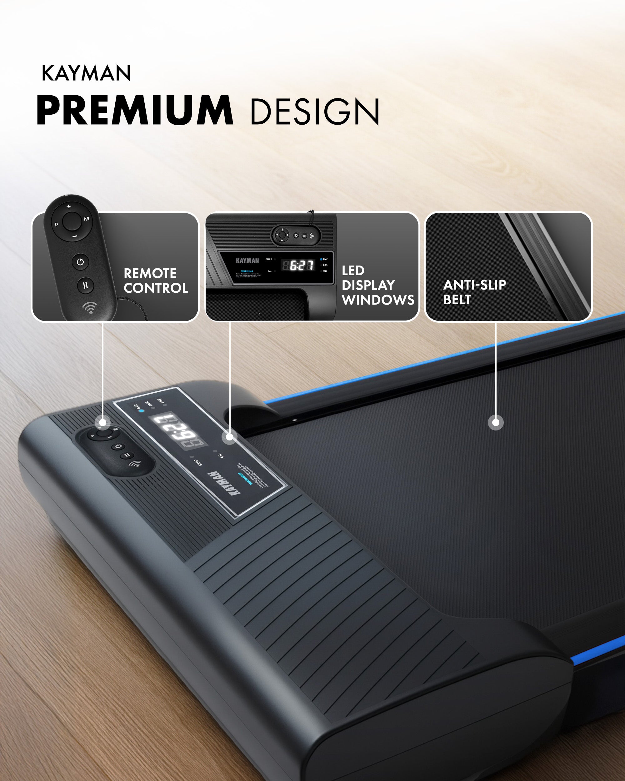 Kayman 3-in-1 Walking Pad Treadmill – Under Desk Electric Treadmill, Space-Saving, 120kg Capacity, 1–6km/h, Running, Walking & Working Modes, 2-Level Manual Incline, LED Display, Remote,900×400mm Belt