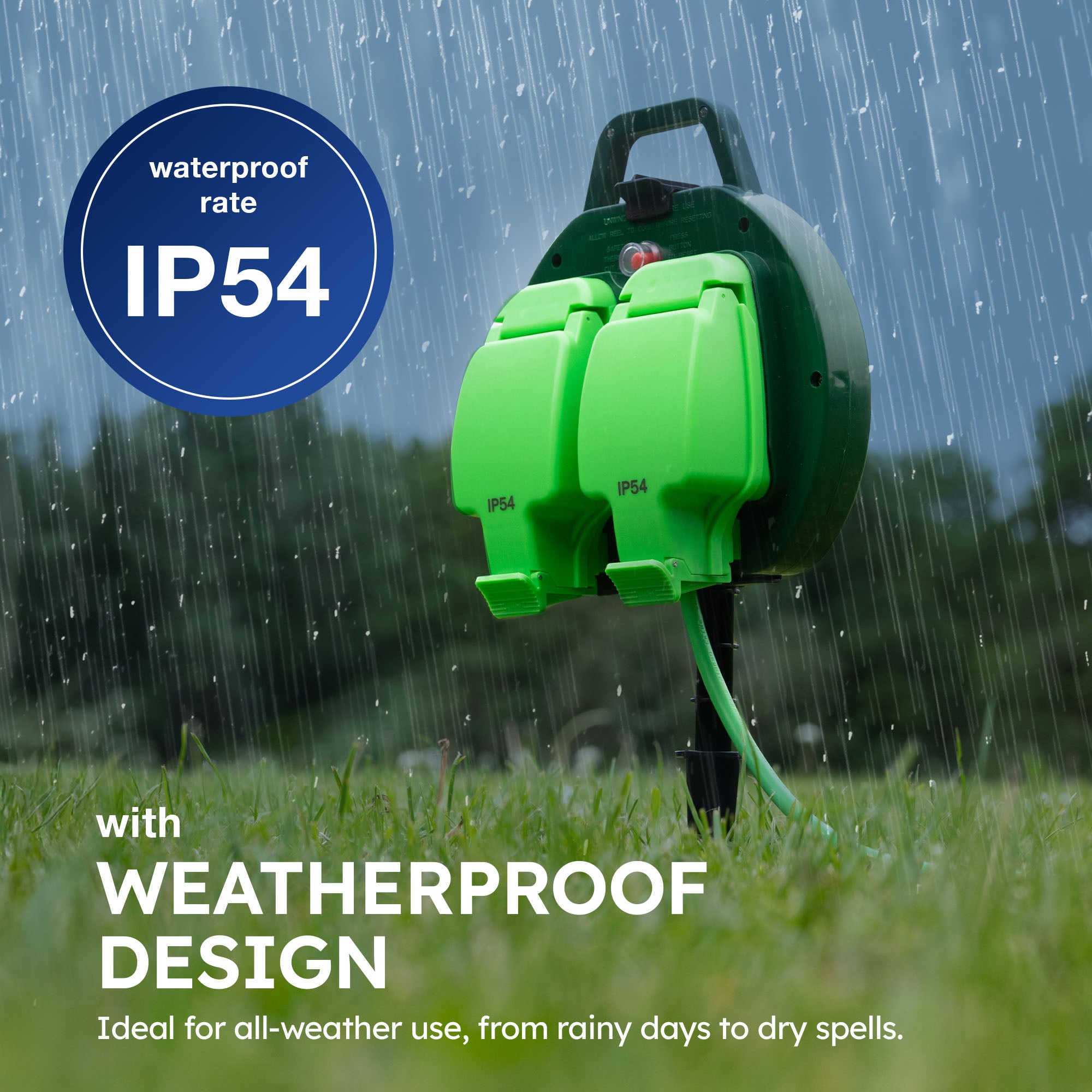 Desiretech - 10m / 15m Weatherproof Extension Cable - with Sockets - 13 Amp Outdoor Lead - Waterproof IP54 - Durable Green Cable for Garden, Outdoor Equipment & Power Tools - Flexible & Heavy Duty Design