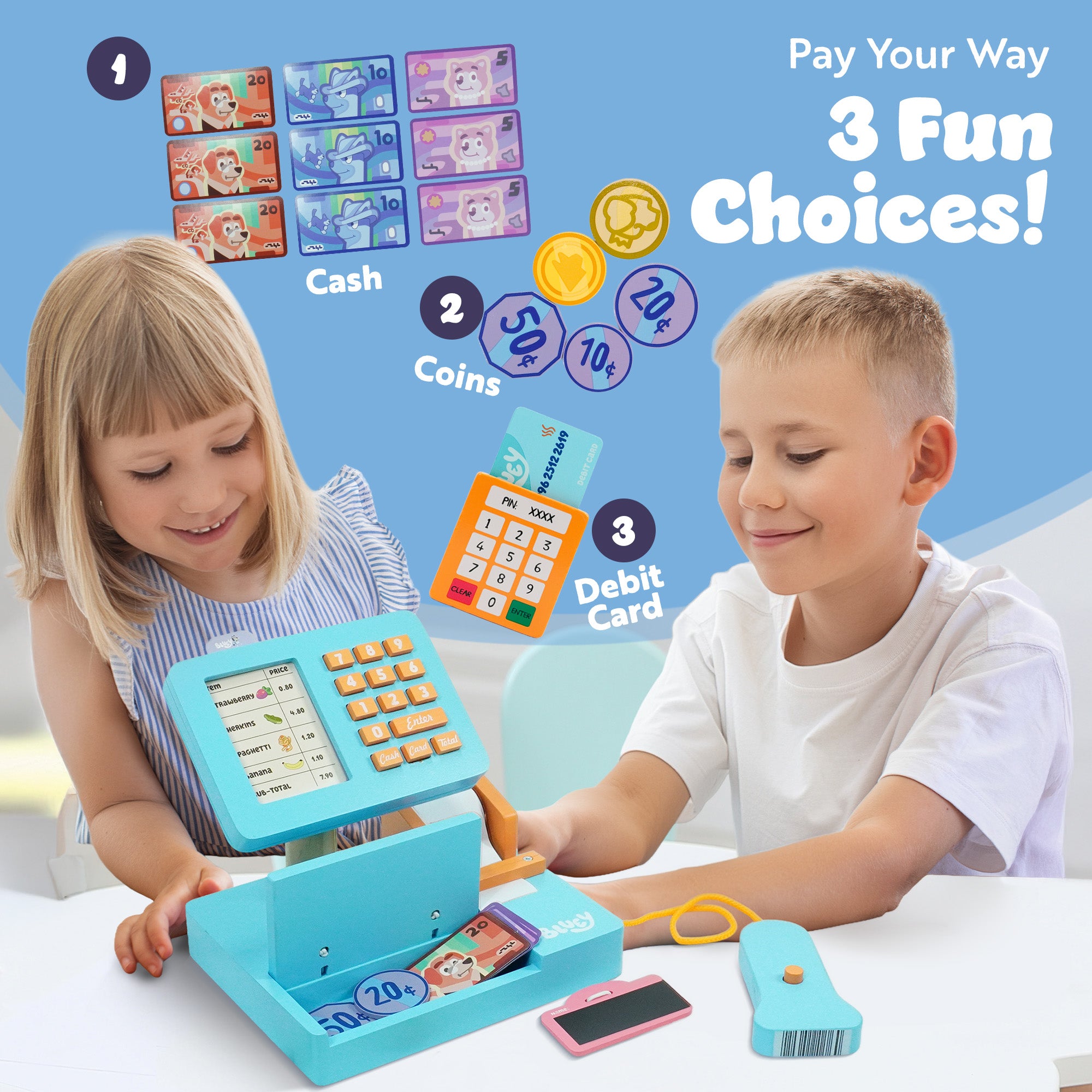 Bluey Cash Register. Press The Buttons to Hear Beeps, Sounds and Phrases From and Bingo, Use the Scanner to Scan Packages and Pretend to Run a Shop, Includes Toy Credit Card and Dollar Bucks!