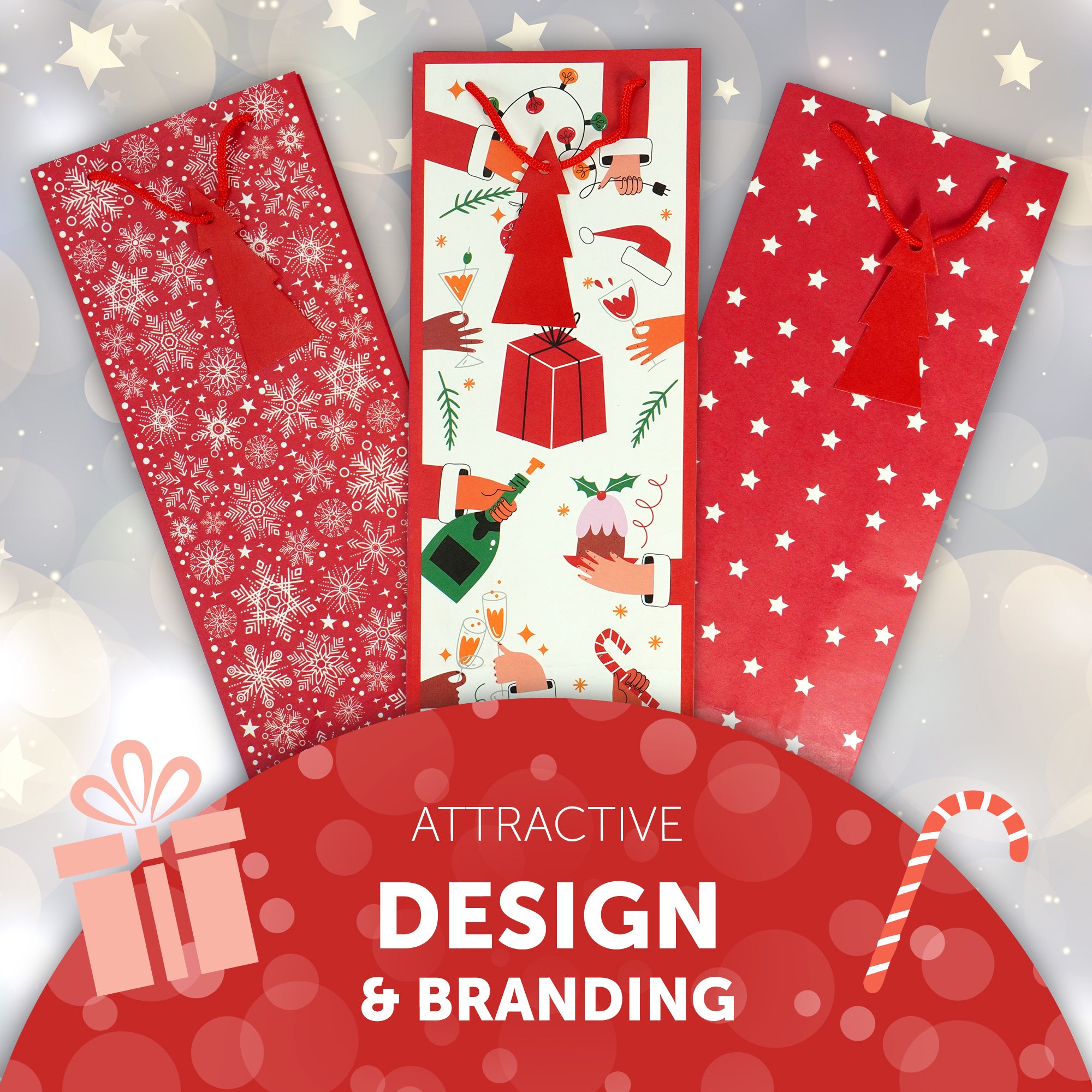 Kraft & Co - Christmas Wine Bottle Bag, 3 Festive Designs- Joy, Festive, Sparkle, Pack of 3