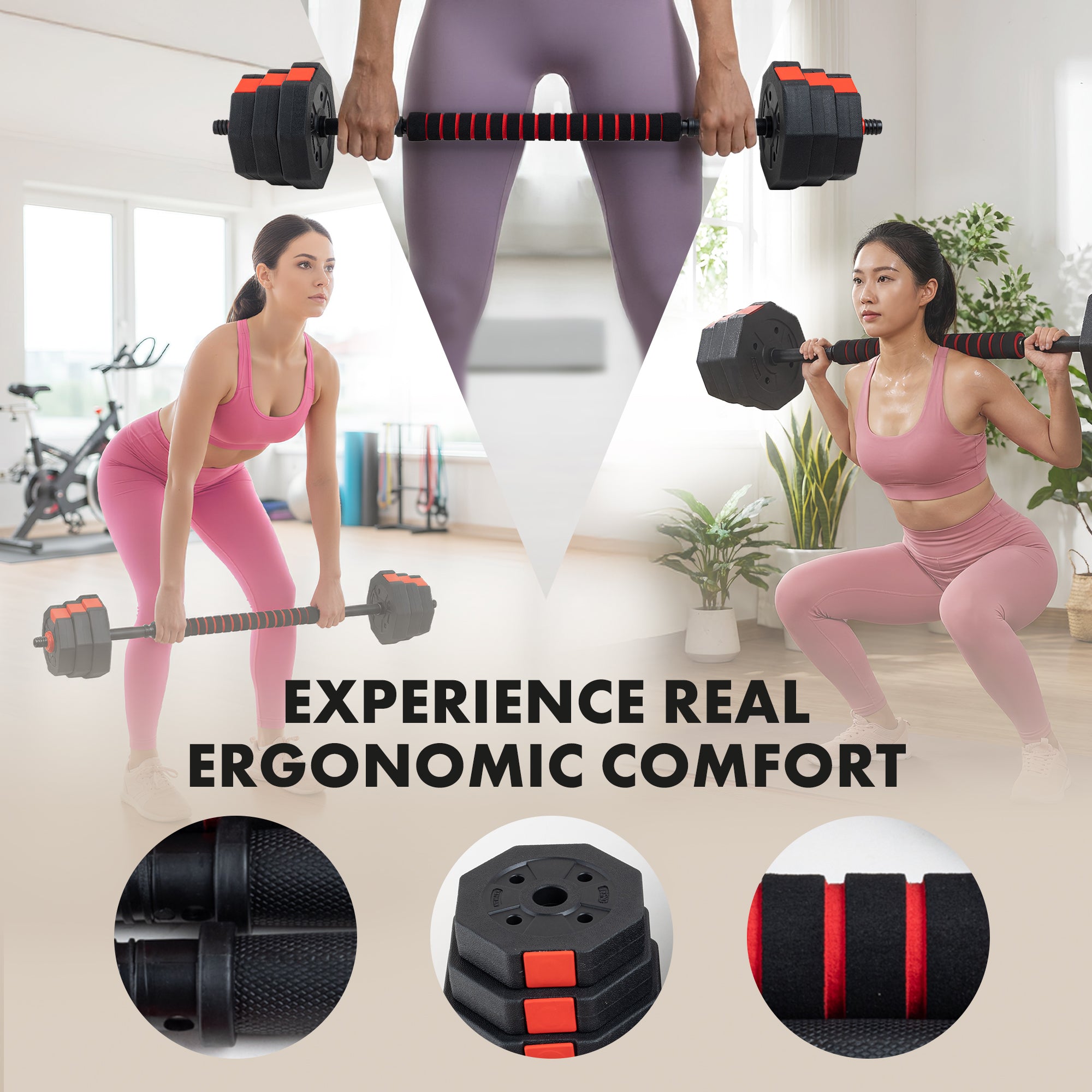 Kayman Adjustable Barbell Set - 20kg Total Weight with Non-Rolling Design, Adjustable Weights & Comfortable Grip - Training Equipment for Versatile Workouts at Home & Gym - Unisex (Black & Red)