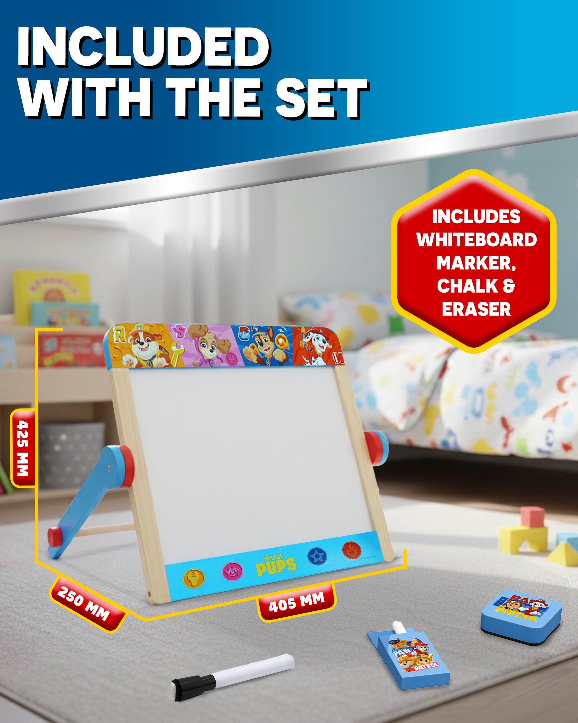 Paw Patrol Tabletop Easel for Kids – 2 in 1 Double-Sided Chalkboard and Whiteboard with Pen, Chalk & Eraser – Portable Drawing Board for Children
