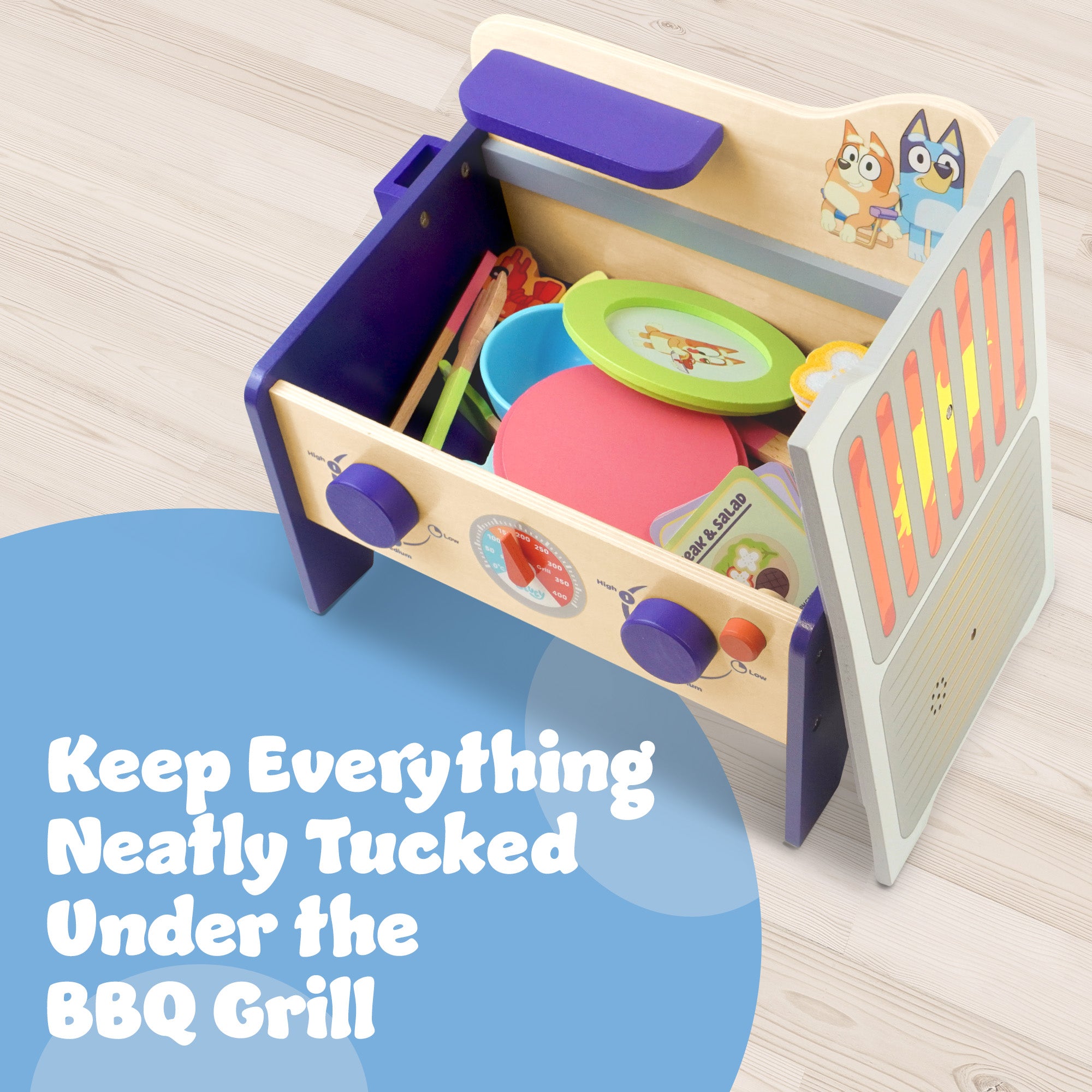 Bluey Wooden BBQ & Salad Playset - 33 Piece Colourful Pretend Cooking Toy for Kids 3+, FSC-Certified
