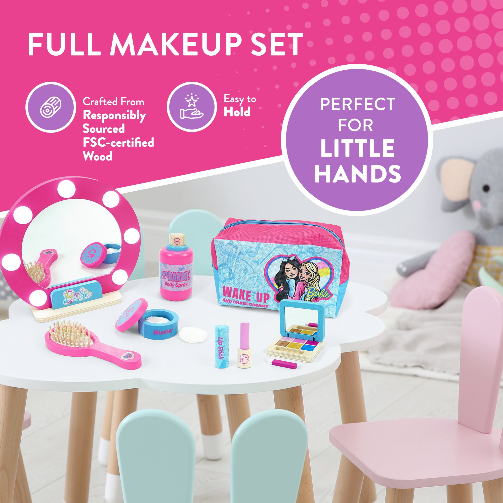 Barbie TT Beauty Set, Wooden Toy Makeup Set with Mirror & Carry Case – Pretend Play Beauty Set for Kids – Includes Brush, Lipstick, Blusher, Eyeshadow, Body Spray & Accessories – Pink Vanity Play Set