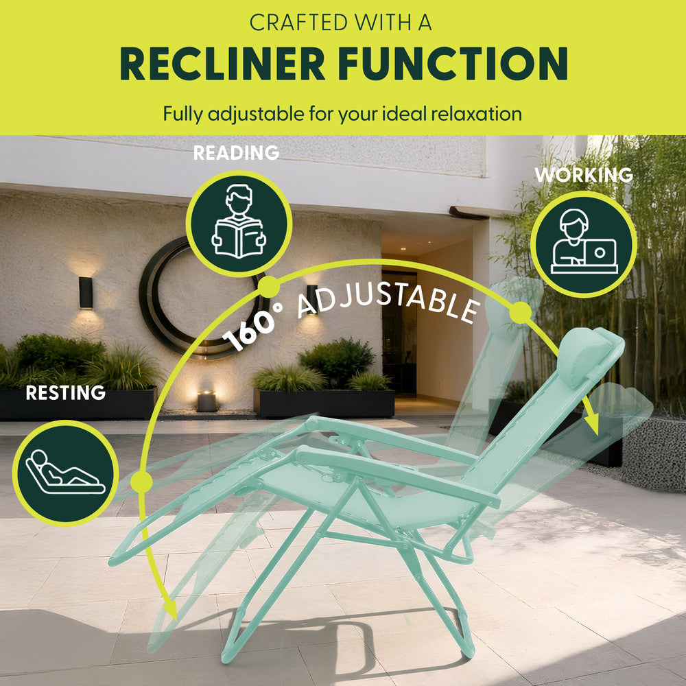 KEPLIN Set of 2 Heavy Duty Monocolour and Basic Textoline Zero Gravity Chairs for Garden Light Reclining Patio Sun loungers Easy to Clean Adjustable Head Rest Foldable with Cup & Phone Holder