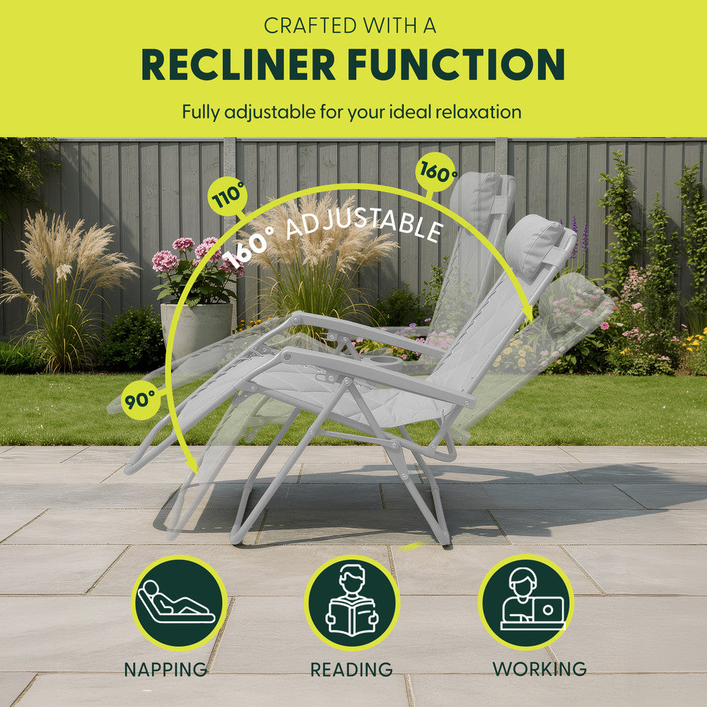 KEPLIN Set of 2 XXL Premium Heavy Duty Quilted Zero Gravity Chairs - Luxurious Garden Recliners, Adjustable Headrest, Cup & Phone Holder, Foldable, Easy to Clean Patio Sun Loungers