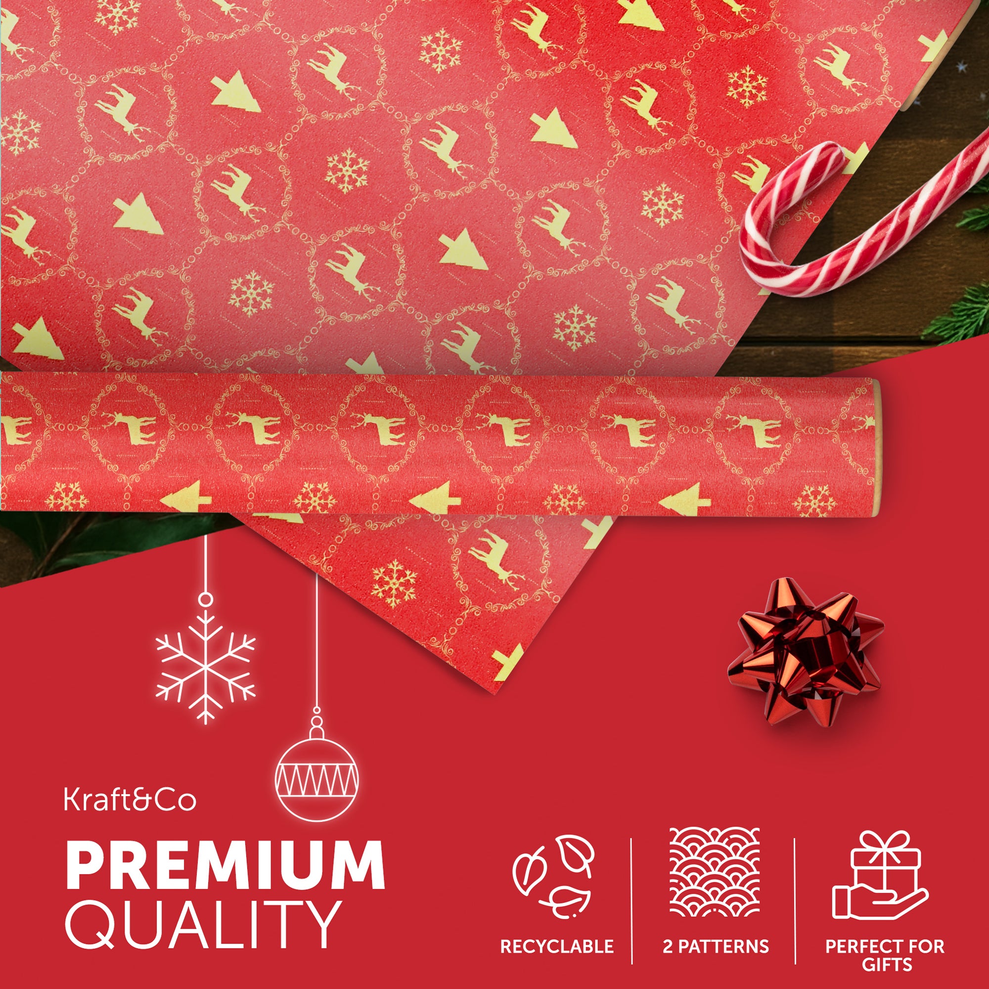 Kraft & Co 2 Pack Christmas Wrapping Paper Roll - Festive Designed Recyclable Kraft Paper, Perfect for Holiday Gifts, Arts & Crafts-Wrapping for a Merry Christmas (44.5cm x 25m)