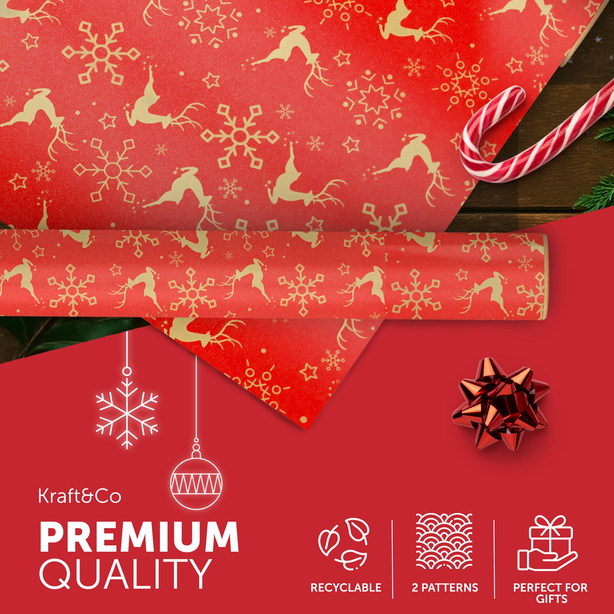 Kraft & Co 2 Pack Christmas Wrapping Paper Roll - Festive Designed Recyclable Kraft Paper, Perfect for Holiday Gifts, Arts & Crafts-Wrapping for a Merry Christmas (44.5cm x 25m)