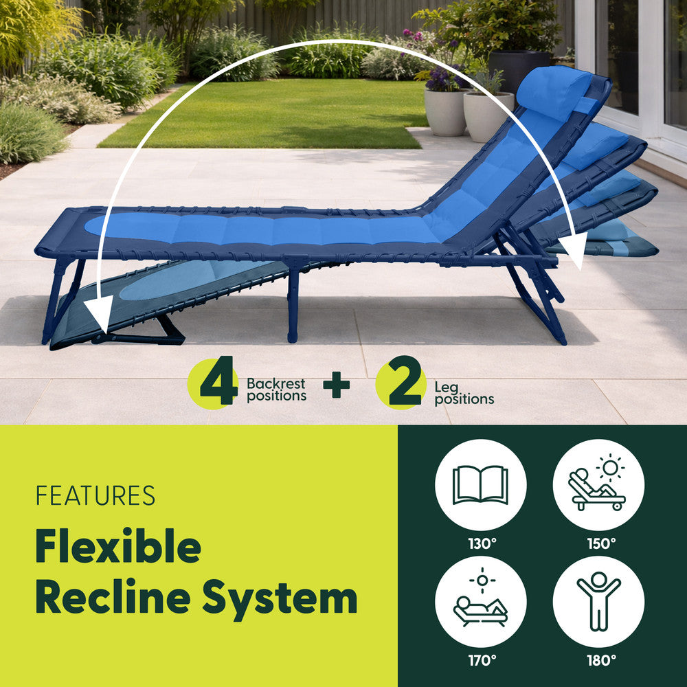 KEPLIN Foldable Sun Lounger Chair - Outdoor Garden Recliner with Color Block Design, 4 Position Adjustable Backrest, Padded 600D Oxford Fabric, Portable Patio Camping Deck Chair 110kg