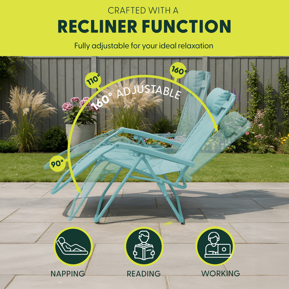 KEPLIN Set of 2 XXL Premium Heavy Duty Quilted Zero Gravity Chairs - Luxurious Garden Recliners, Adjustable Headrest, Cup & Phone Holder, Foldable, Easy to Clean Patio Sun Loungers