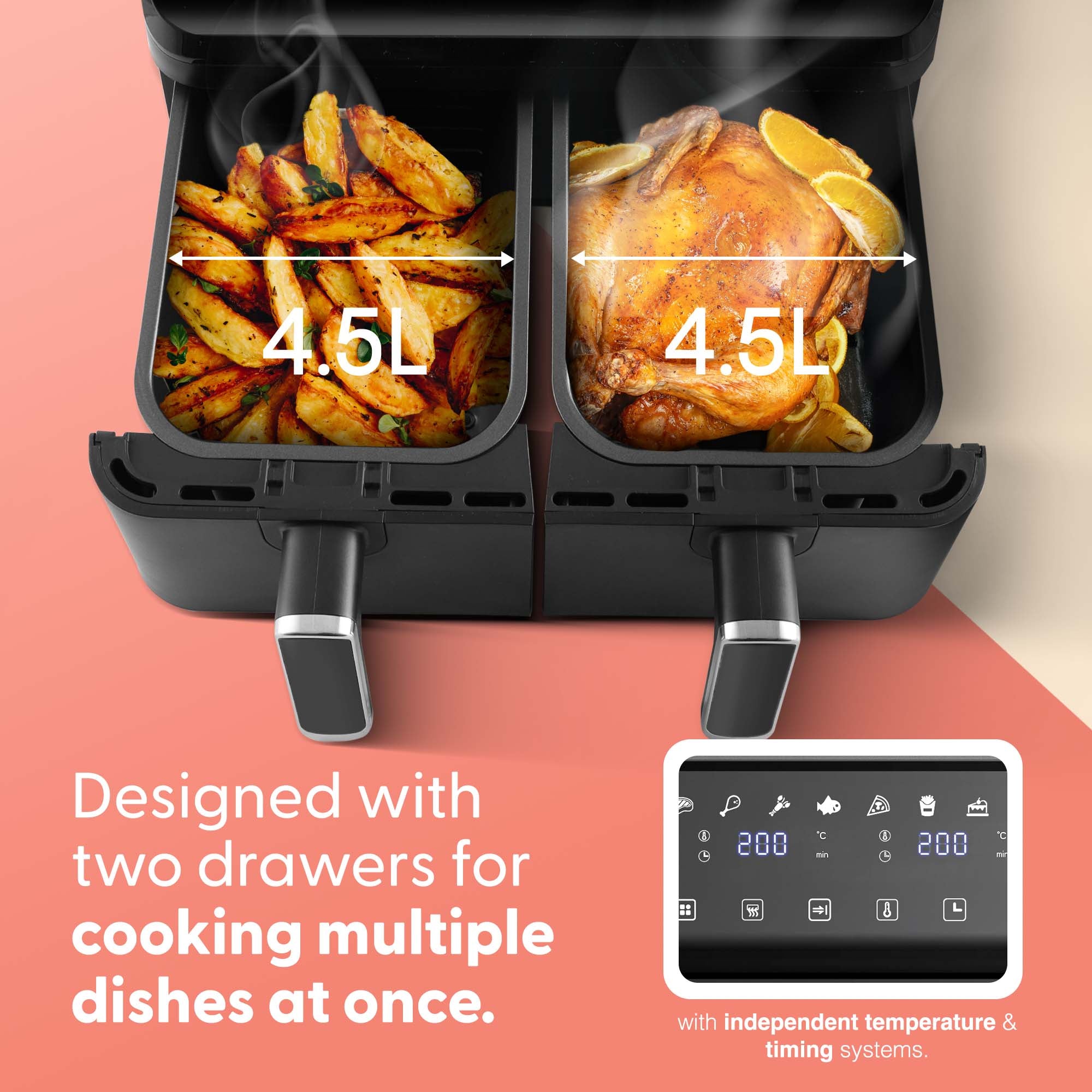 Keplin 9L Dual Zone Air Fryer - 2700W Energy-Saving Cooker with 6 Cooking Functions - Extra-Large Capacity for Healthy Meals - Roast, Bake, Dehydrate, Crisp - Family Size, 2 Years Warranty