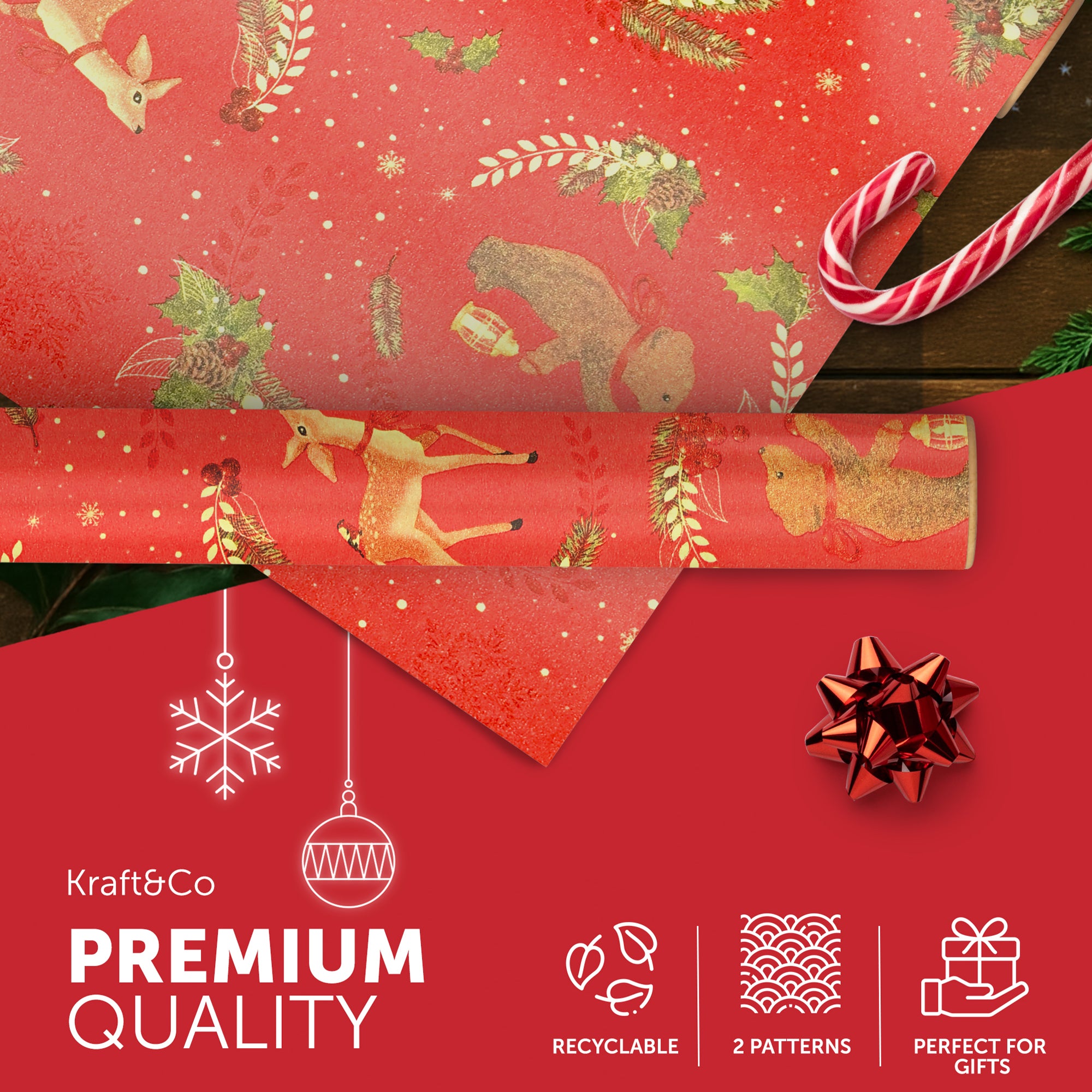 Kraft & Co 2 Pack Christmas Wrapping Paper Roll - Festive Designed Recyclable Kraft Paper, Perfect for Holiday Gifts, Arts & Crafts-Wrapping for a Merry Christmas (44.5cm x 25m)