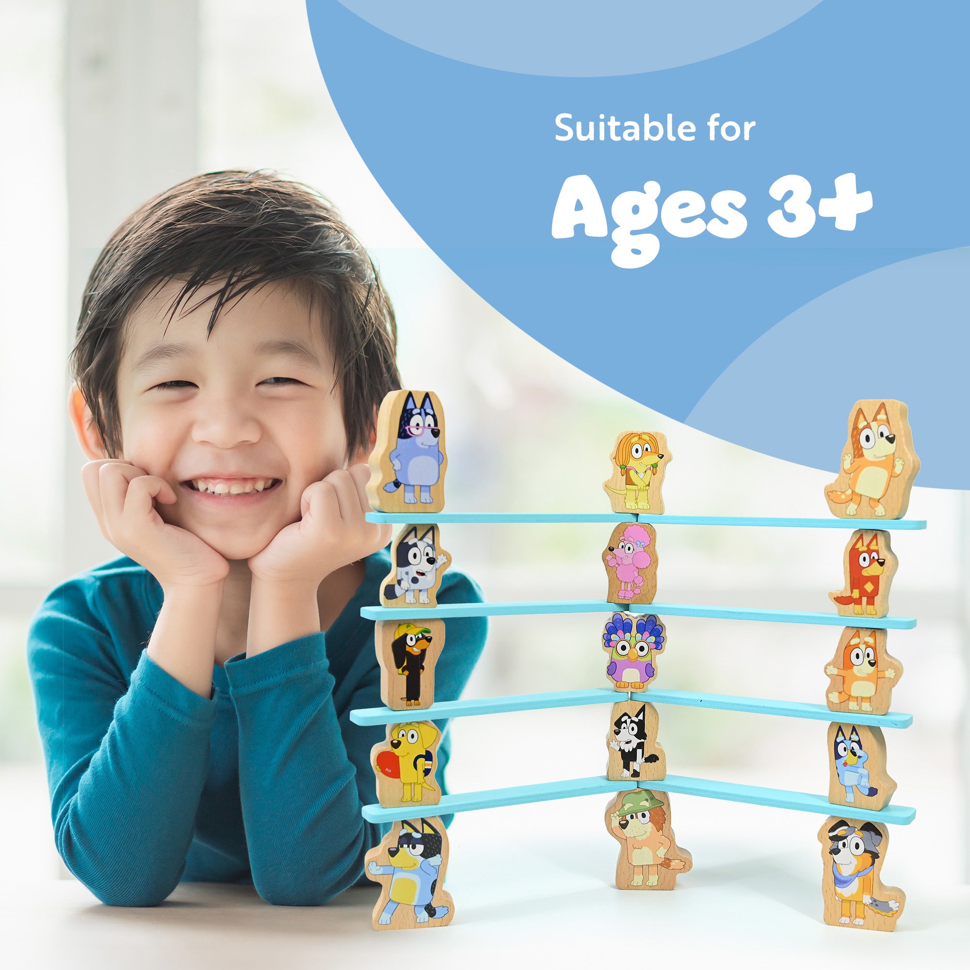 Bluey - Wooden Stacking Game for Kids Age 3+ - Balancing Toy with 16 Characters & 10 Sticks - FSC Certified Wood - Helps Develop Motor Skills - Family Game in Compact Storage Tub