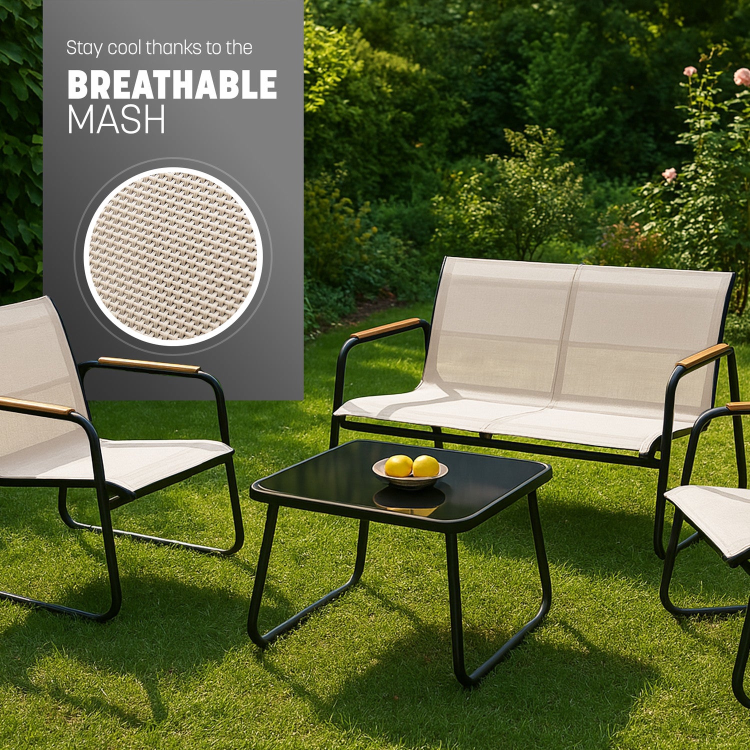 KEPLIN 4PC Conversation Set - Mesh Garden Furniture Set – Modern Outdoor Patio Seating – Easy Assembly – Comfortable & Durable – Stylish Design – Ideal for Gardens, Balconies, Poolside