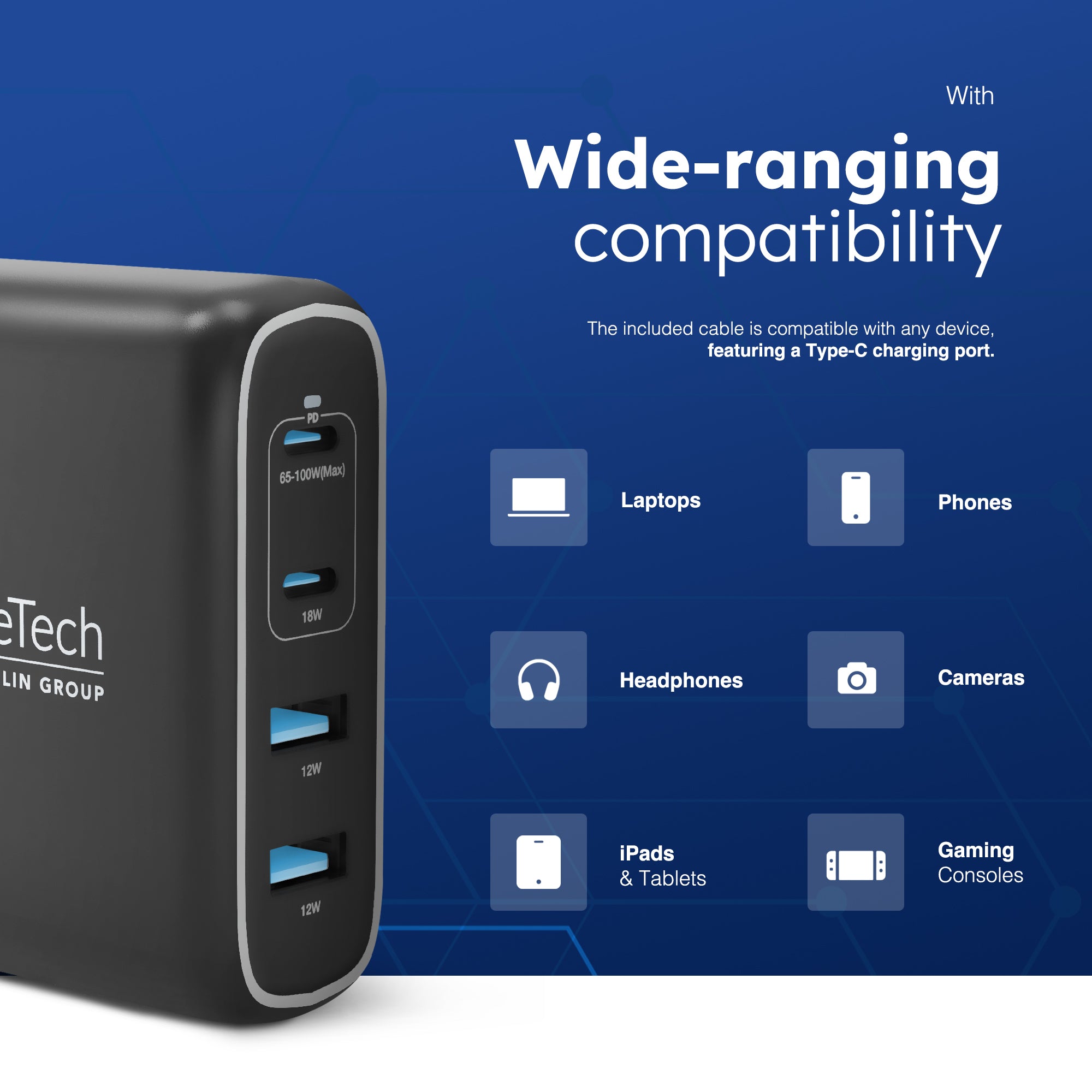 Desiretech 100W USB-C Charger with Cable & Pouch – Fast Charging 4-Port Adapter for MacBooks, iPhone 15, iPad, Samsung S Series, Google Pixel, Sony