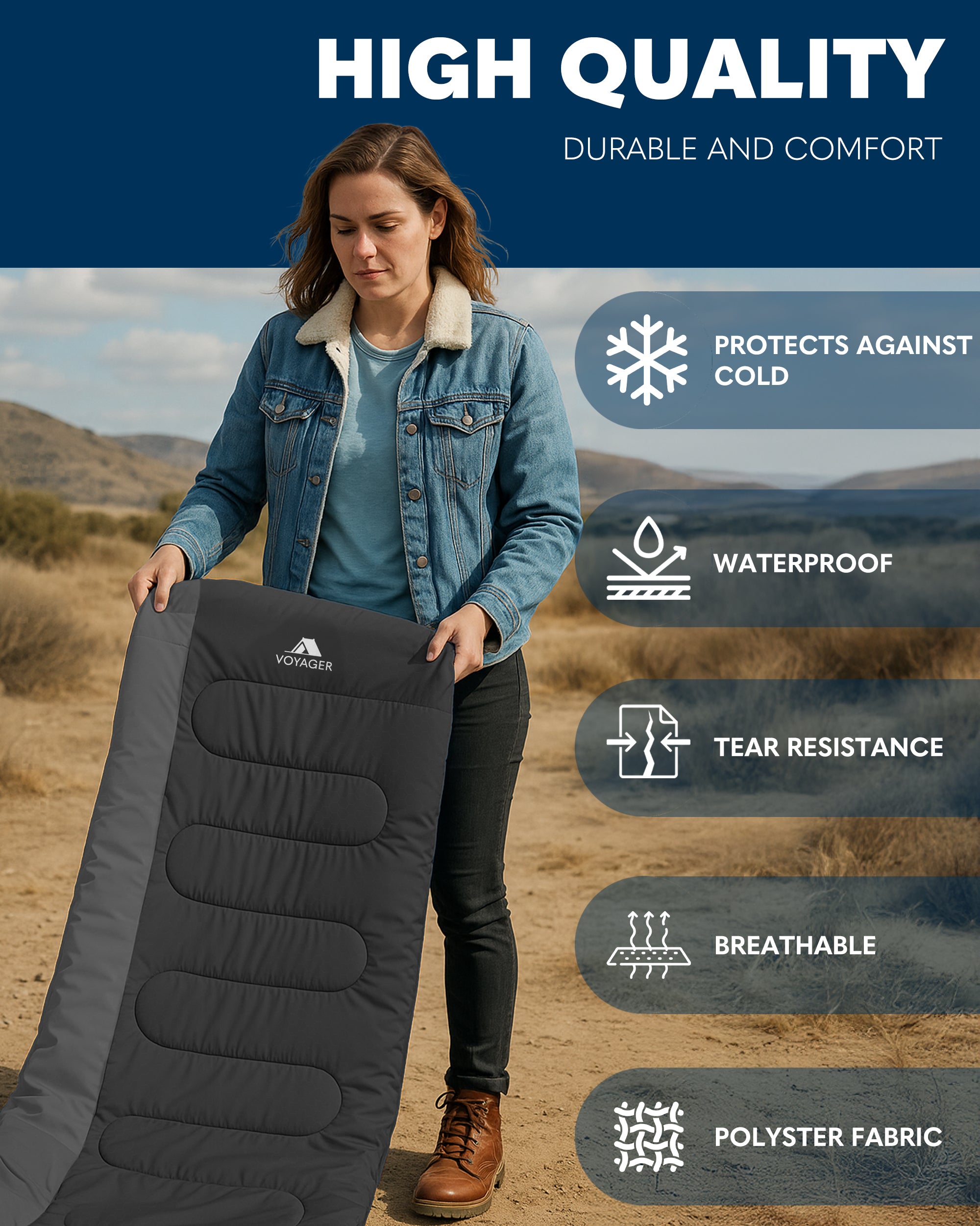 Voyager Sleeping Bag for Adults - Lightweight & Compact, Versatile 3-4 Season Temperature, Spacious Design, Quality Material, Ideal for Camping & Backpacking - 190x30x80cm