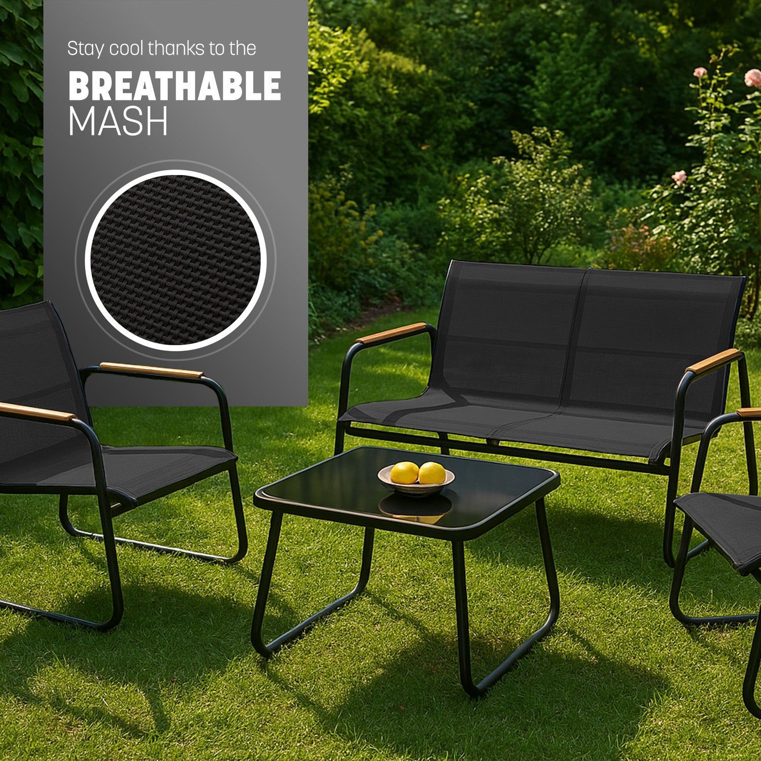 KEPLIN 4PC Conversation Set - Mesh Garden Furniture Set – Modern Outdoor Patio Seating – Easy Assembly – Comfortable & Durable – Stylish Design – Ideal for Gardens, Balconies, Poolside