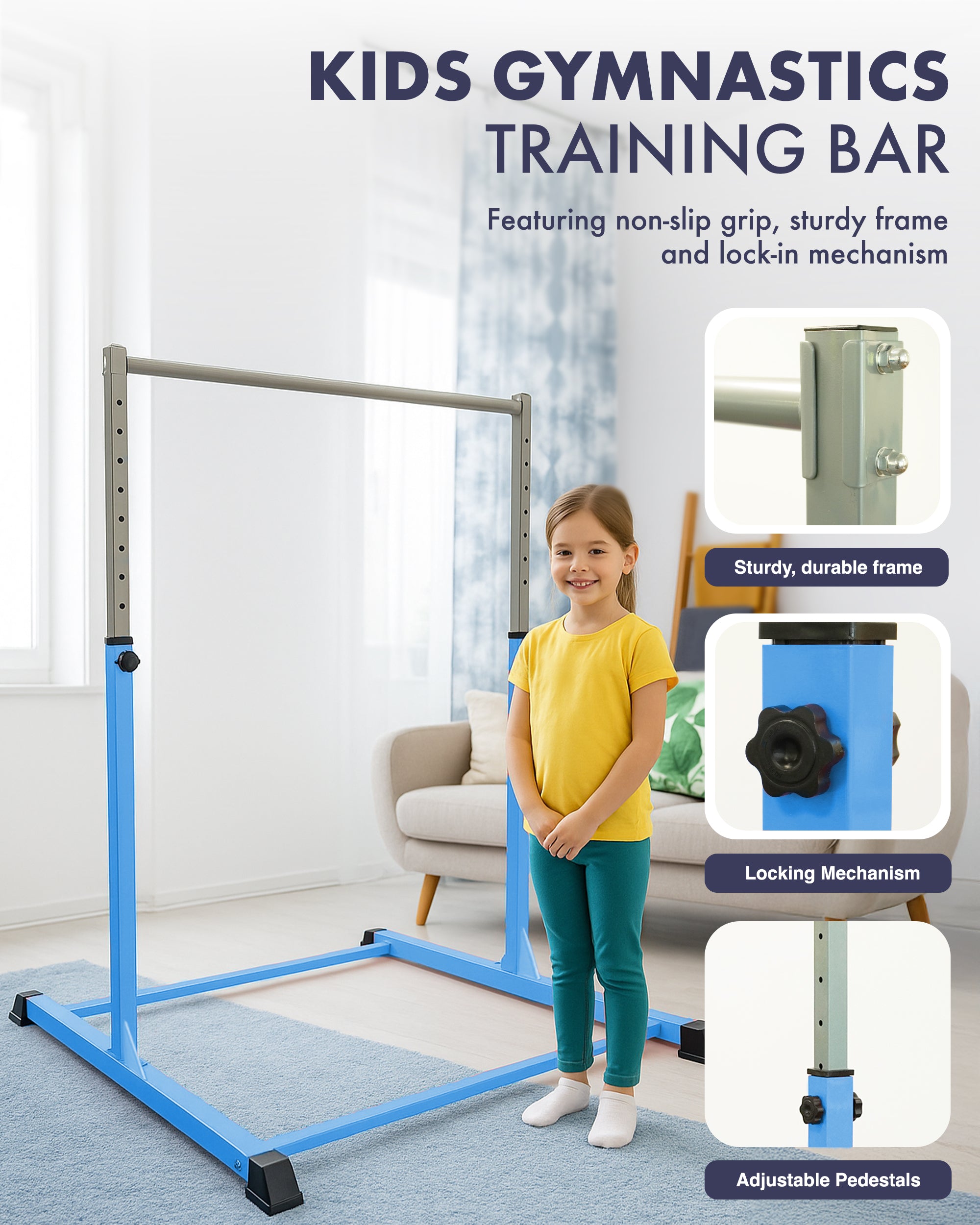 KAYMAN Foldable Large Gymnastics Horizontal Bar – Adjustable Height, Durable Iron Frame with Hand Protection Wrap