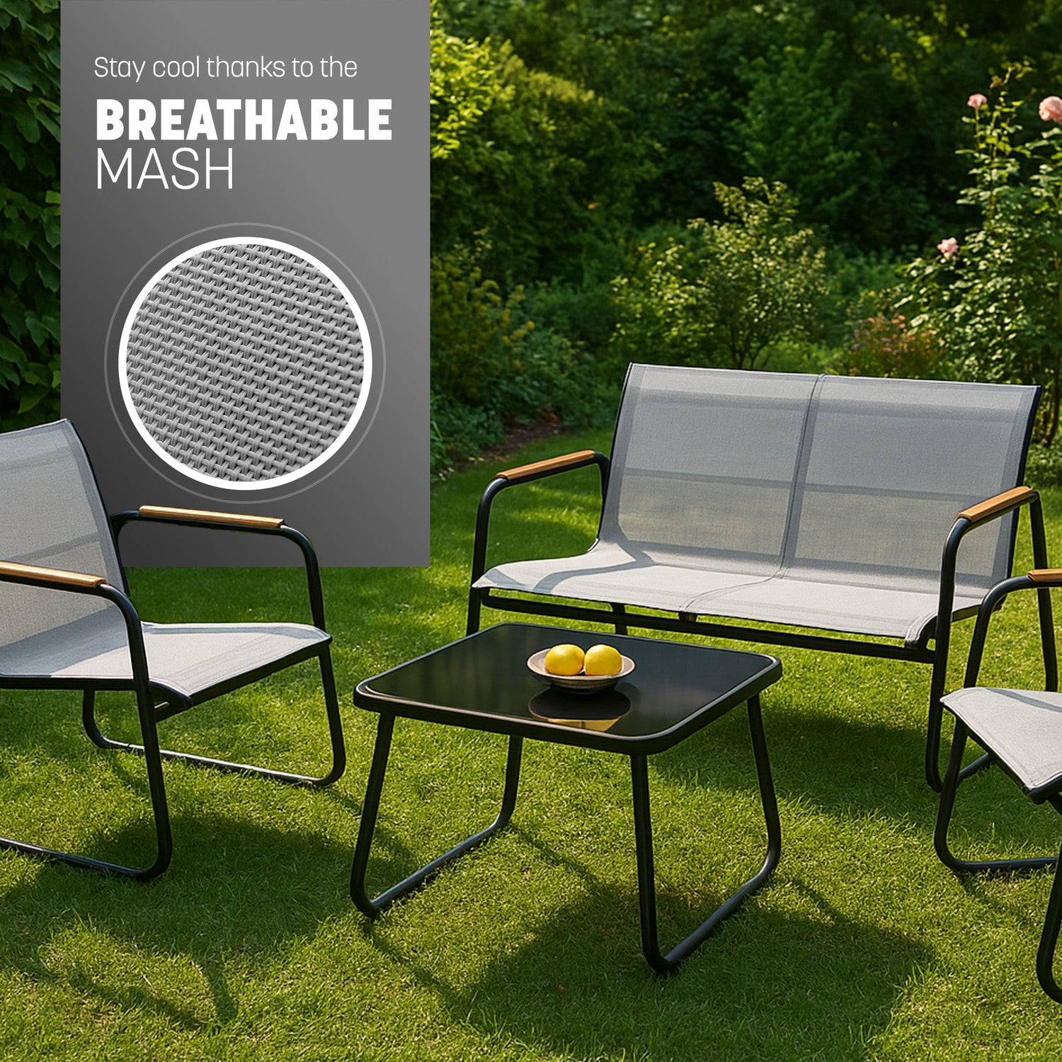 KEPLIN 4PC Conversation Set - Mesh Garden Furniture Set – Modern Outdoor Patio Seating – Easy Assembly – Comfortable & Durable – Stylish Design – Ideal for Gardens, Balconies, Poolside