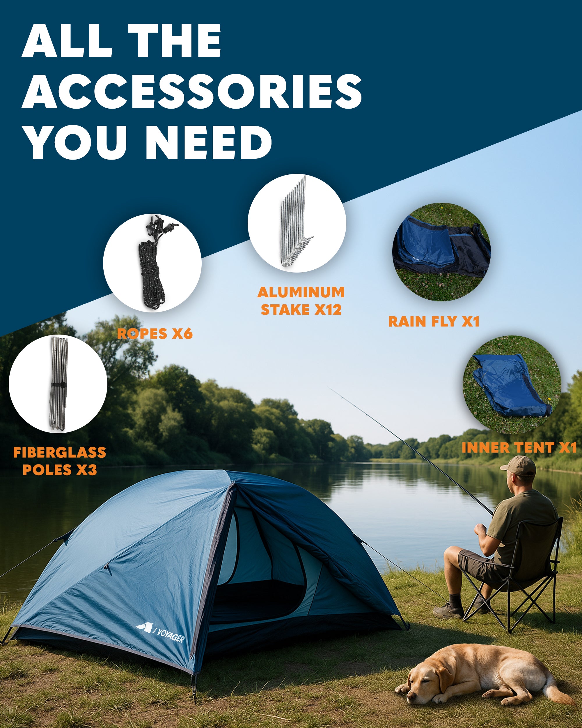 Voyager 2 Man Tent - Waterproof, Windproof, Quick Setup, Spacious 2-Person Camping Tent, Durable, Lightweight Outdoor Shelter, Ideal for Hiking, Backpacking, Camping - 225x135x110cm