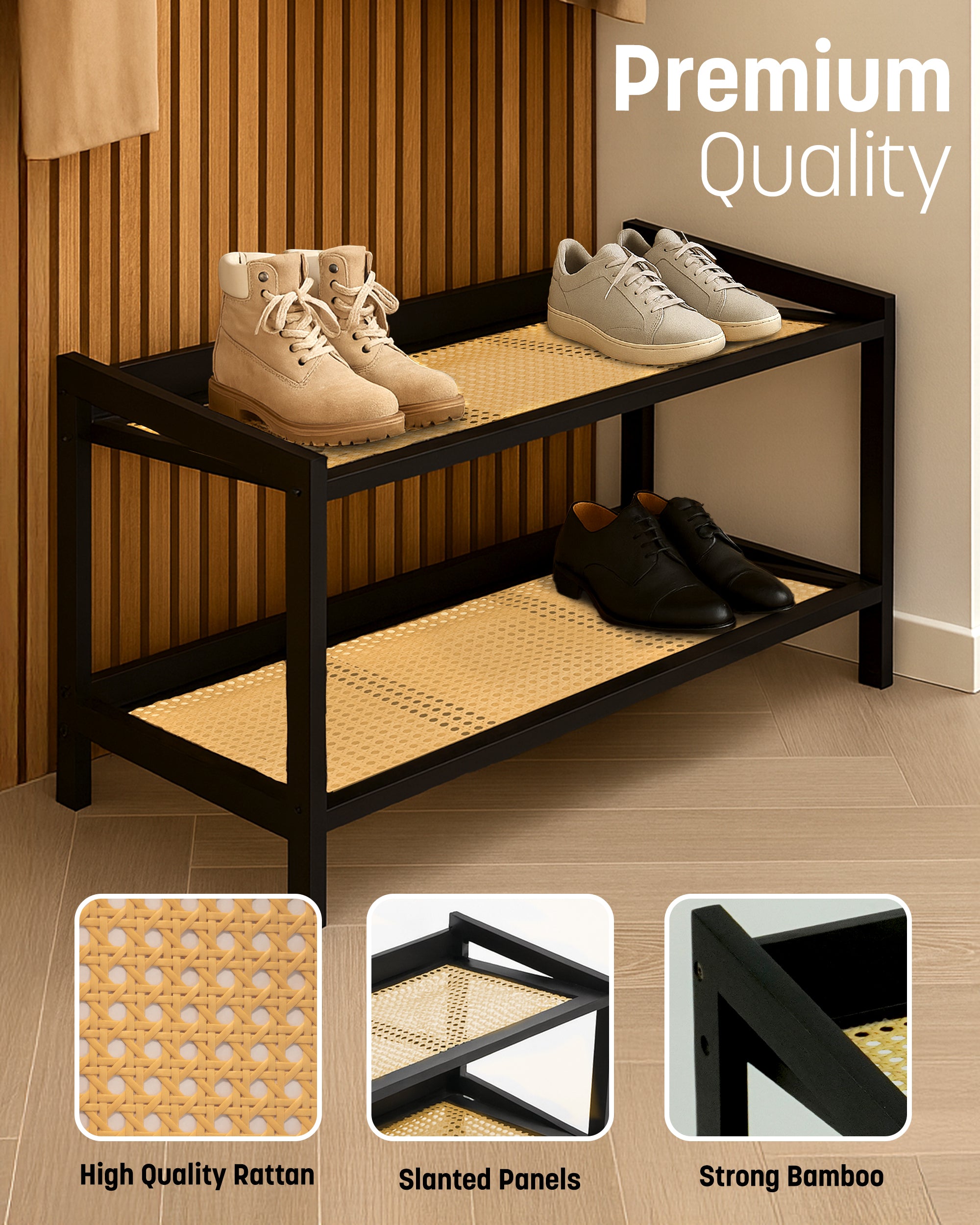 KEPLIN 2/3/4 Tier Bamboo and Rattan Shoe Rack Organiser – Eco-Friendly, Durable, Easy Assembly – Compact Design for Entryway, Closet, or Hallway – Stylish and Functional Storage – Black and Natural