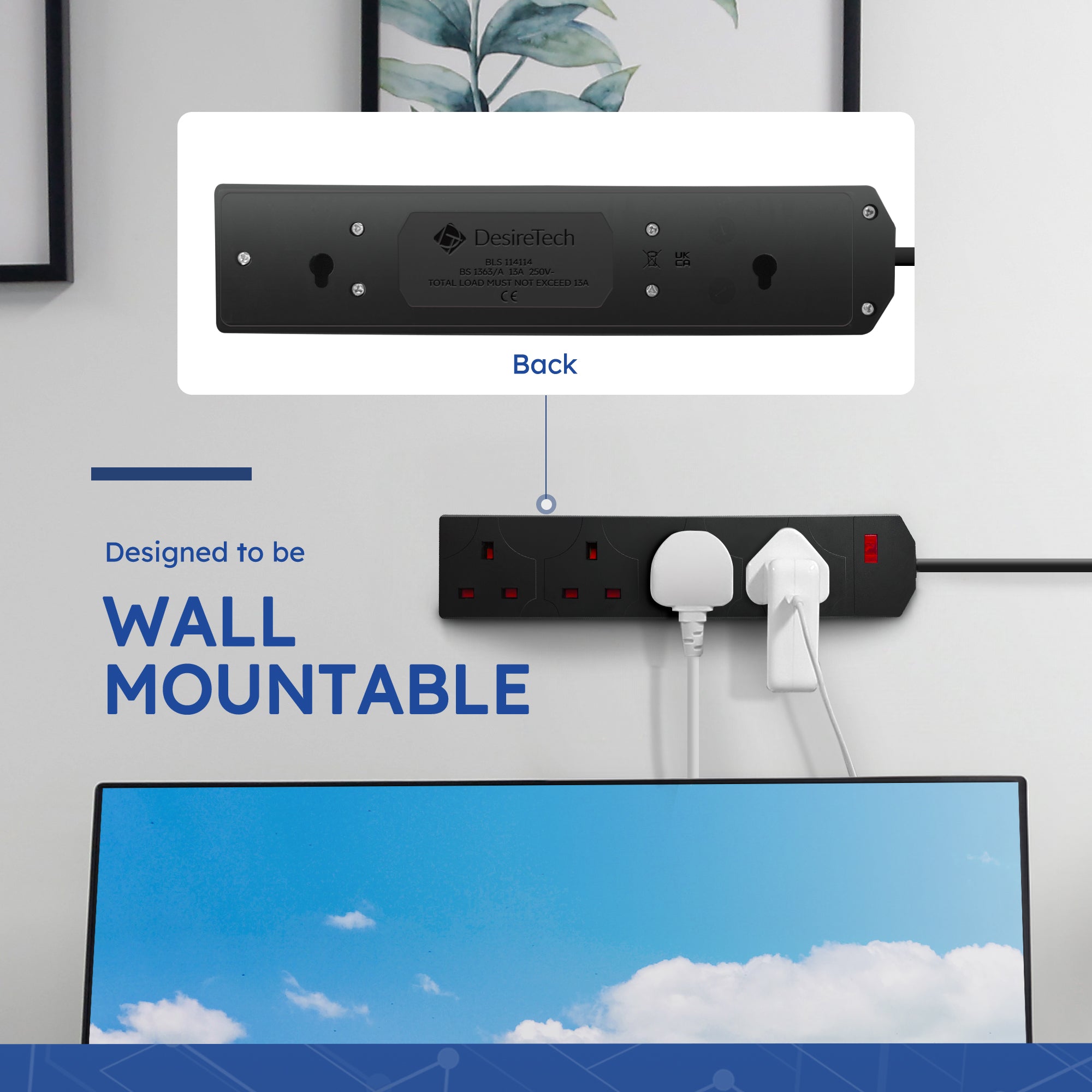 Desiretech Electric Extension Lead - 4 Gang, UK Plug & 3 Pin Socket - Wall Mountable & Multi Socket Mains Strip for Home, Bedroom, Kitchen, & Office (1 Pack)