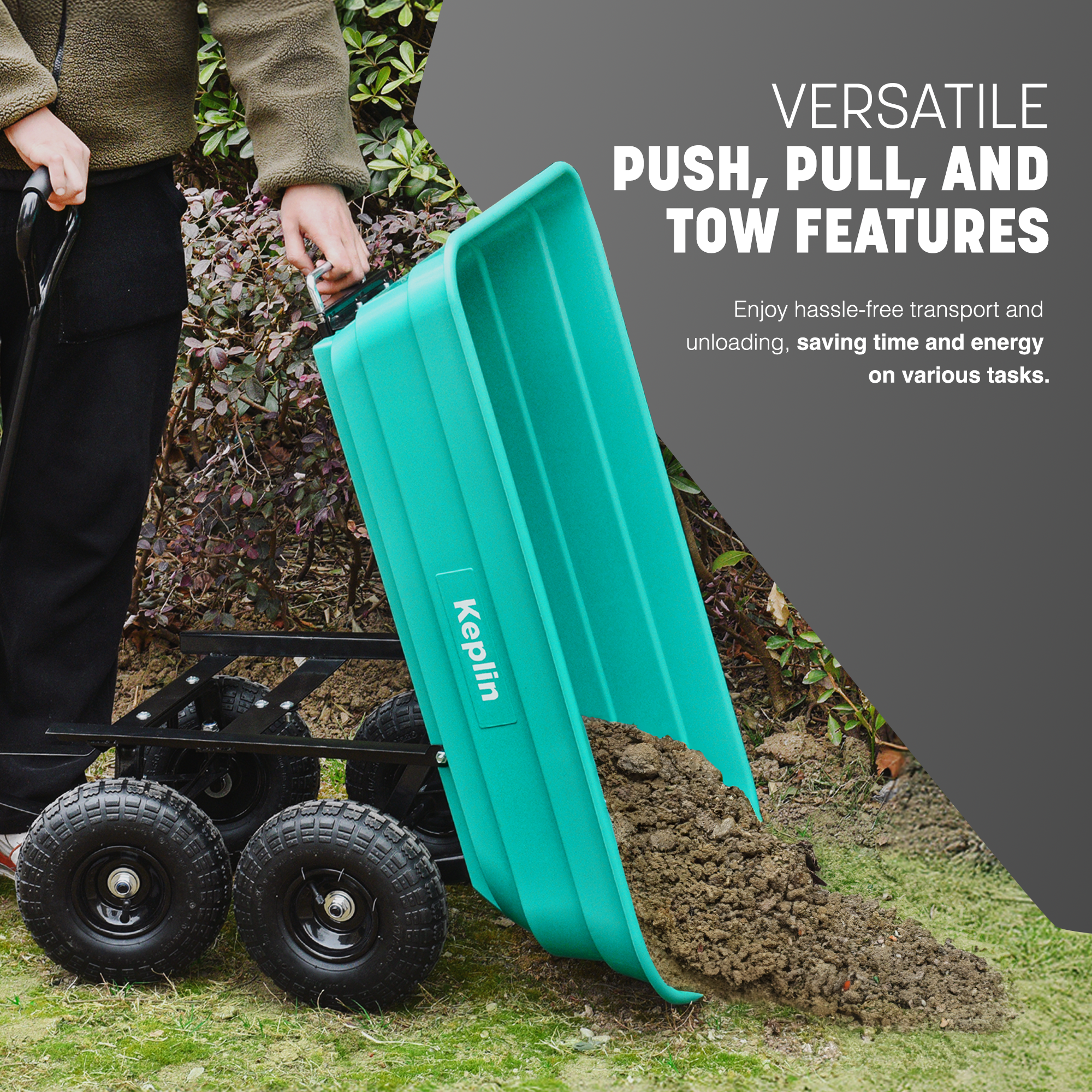 Keplin Plastic Wheelbarrow Cart(75L - 250kg Load), Heavy Duty Wheel Barrow with Tipping Mechanism, Tow Hitch & Pull Handle, Durable Steel Frame, 10” Pneumatic Wheels for Easy Transport on All Terrain