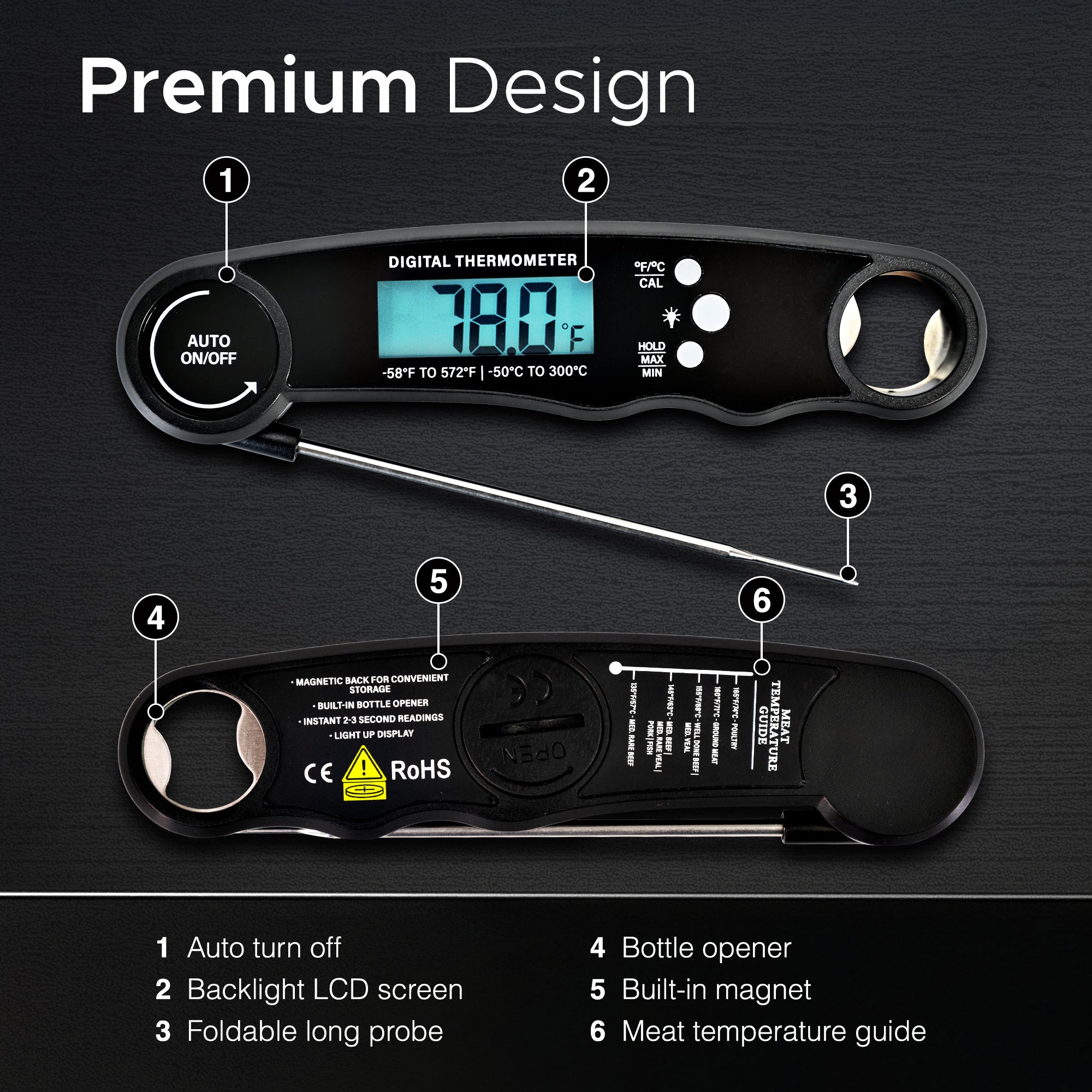 Keplin Meat Thermometer - Instant Read Food Thermometer with Backlight LCD, Foldable Design, Auto Turn Off, Magnet, Fast 3-Second Response, Temperature Range 0-150°C, Includes Bottle Opener