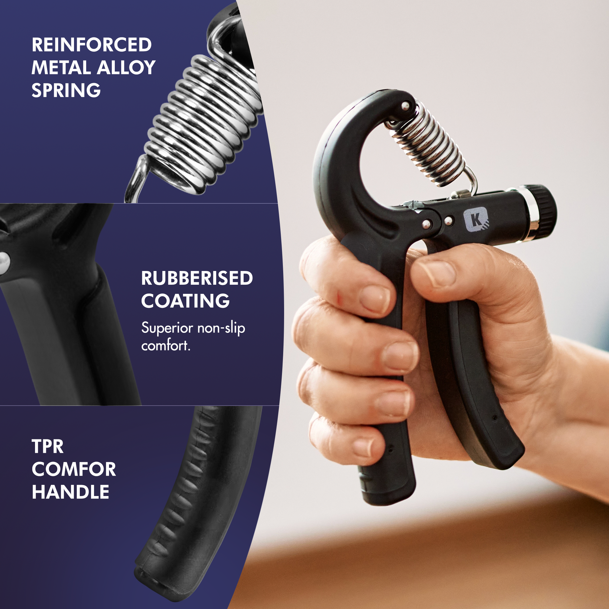 Kayman Grip Strengtheners - Adjustable Resistance Hand Exerciser - Strength Training for Forearm, Wrist & Hand - Durable PP+TPR - Fits All Hand Sizes ( Black )