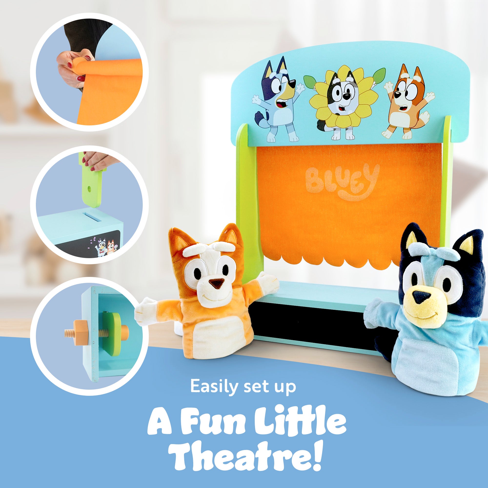 Bluey Wooden Puppet Theater Playset - FSC-Certified Wood, Eco-Friendly Toy for Kids 3+