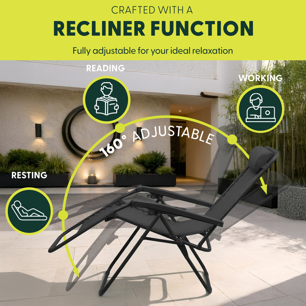 KEPLIN Set of 2 Heavy Duty Monocolour and Basic Textoline Zero Gravity Chairs for Garden Light Reclining Patio Sun loungers Easy to Clean Adjustable Head Rest Foldable with Cup & Phone Holder