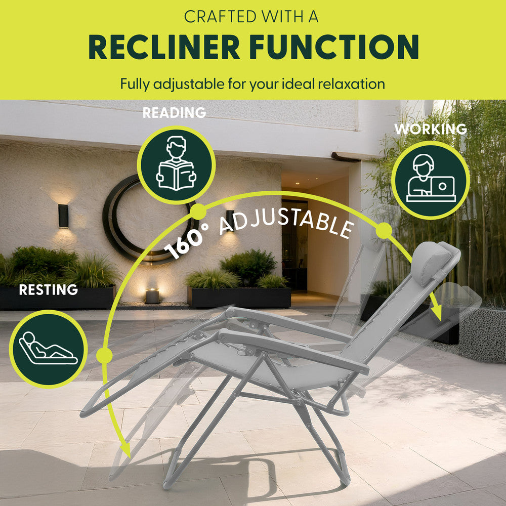 KEPLIN Set of 2 Heavy Duty Monocolour and Basic Textoline Zero Gravity Chairs for Garden Light Reclining Patio Sun loungers Easy to Clean Adjustable Head Rest Foldable with Cup & Phone Holder