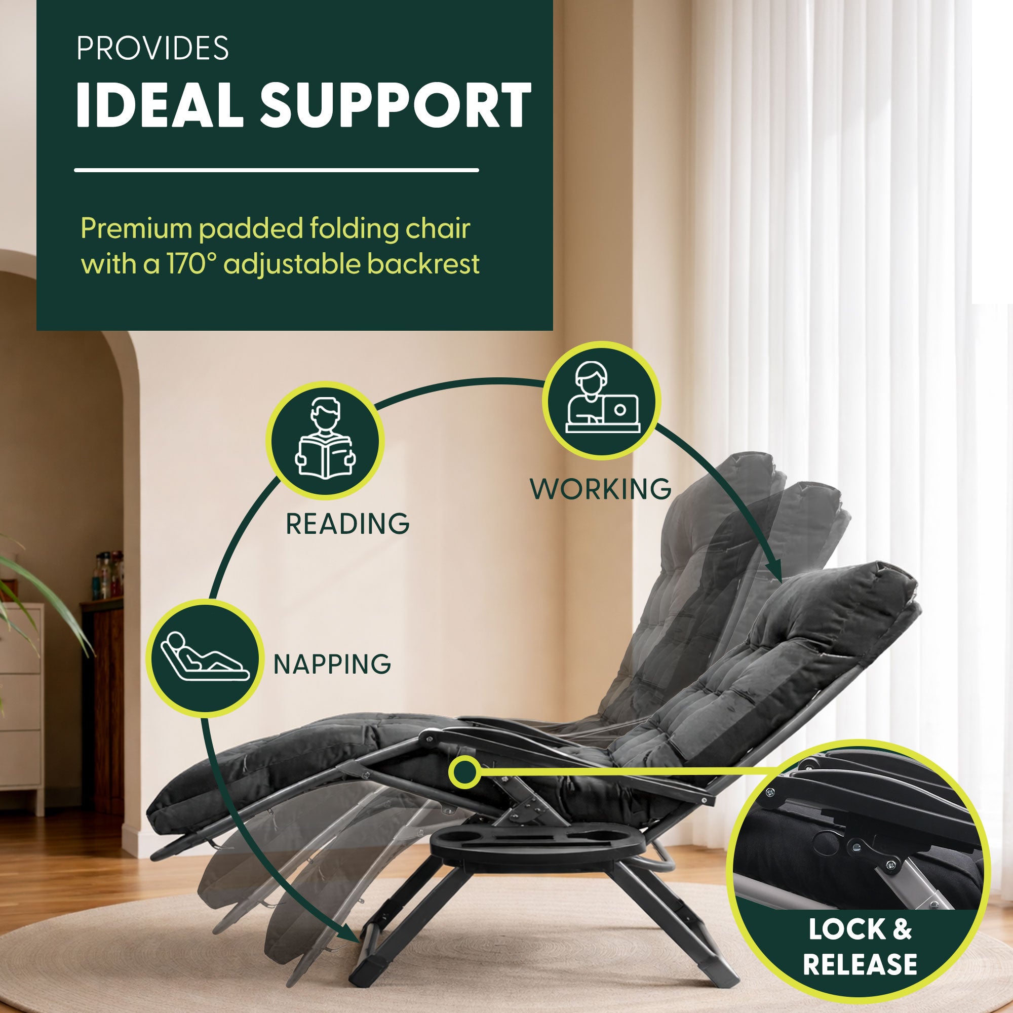 KEPLIN Square Tube Gravity Chair with Cushion – Extra-Wide 72cm Recliner, Adjustable Zero Gravity Lounger, Reinforced Frame, Supports 150kg, Premium Comfort for Indoor & Outdoor Relaxation