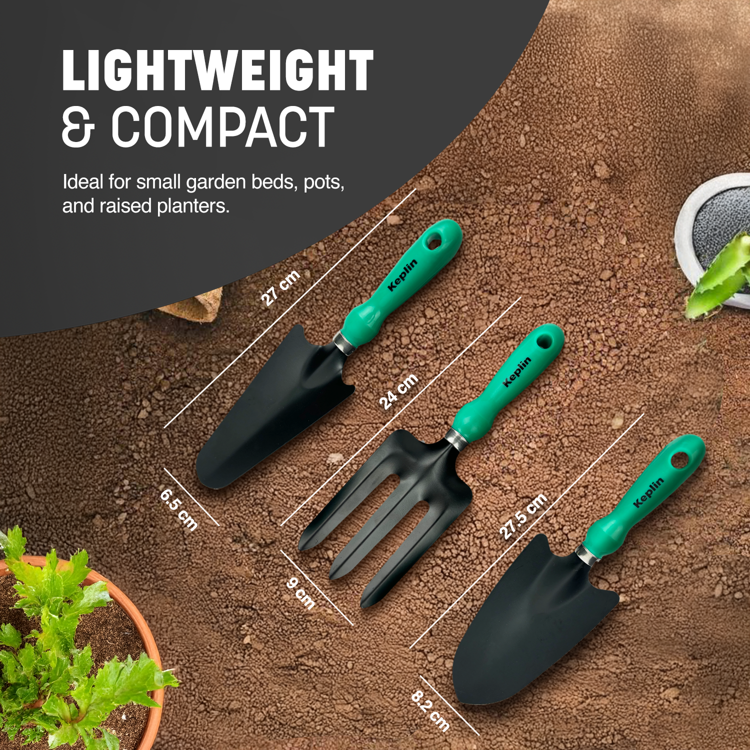 Keplin - 3pc Garden Tool Set - Carbon Steel Blades & PP Handles - Includes Trowel, Transplanting Trowel & Fork - Durable & Weatherproof - 11.5cm Handles - Essential for Digging, Planting & Weeding