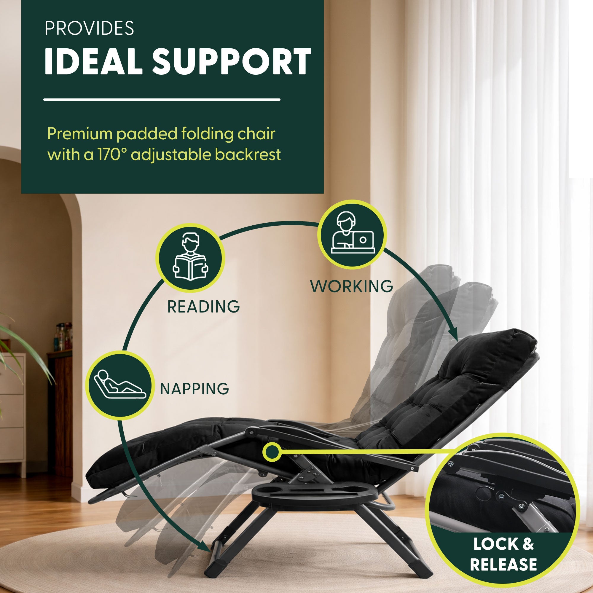 KEPLIN Square Tube Gravity Chair with Cushion – Extra-Wide 72cm Recliner, Adjustable Zero Gravity Lounger, Reinforced Frame, Supports 150kg, Premium Comfort for Indoor & Outdoor Relaxation