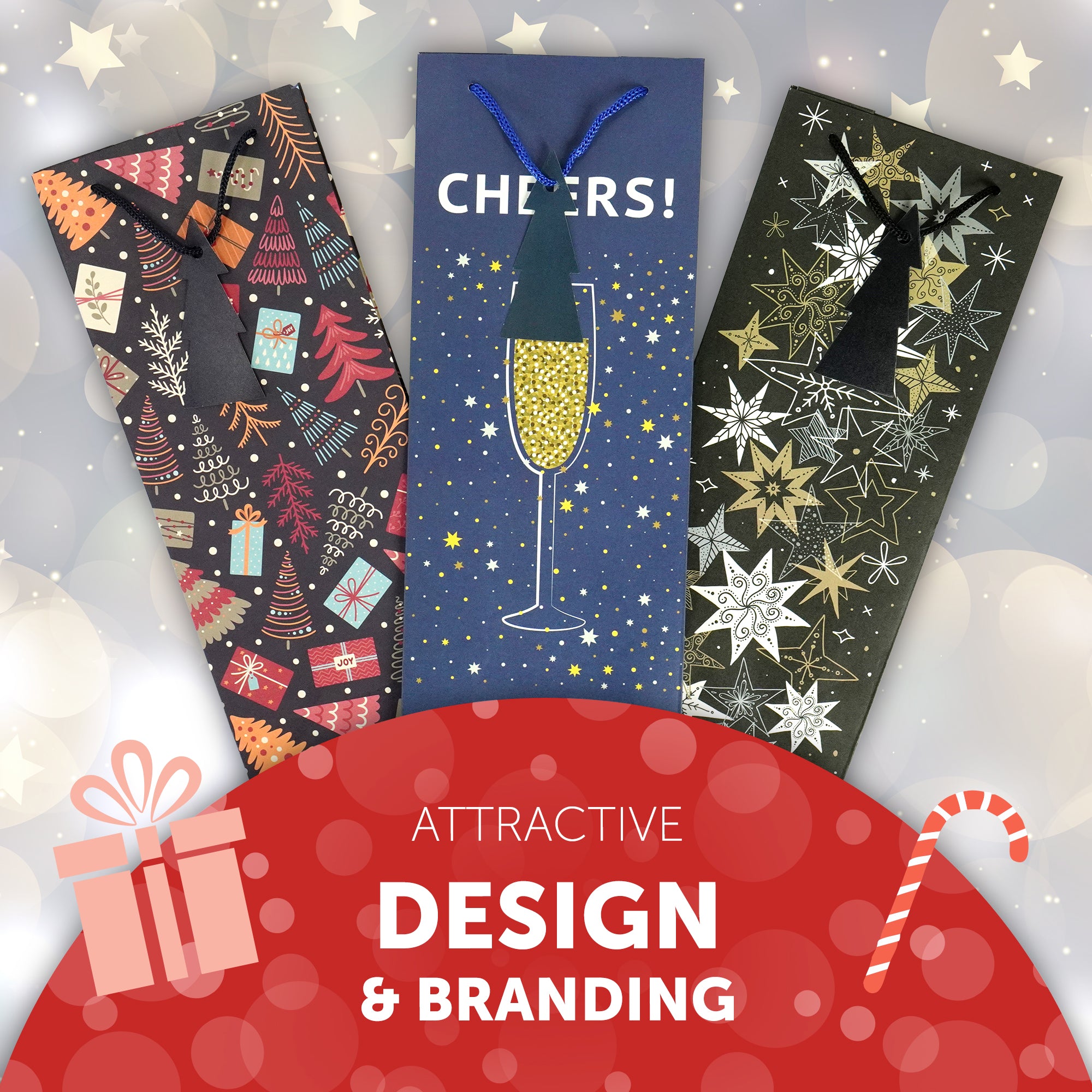 Kraft & Co - Christmas Wine Bottle Bag, 3 Festive Designs- Joy, Festive, Sparkle, Pack of 3