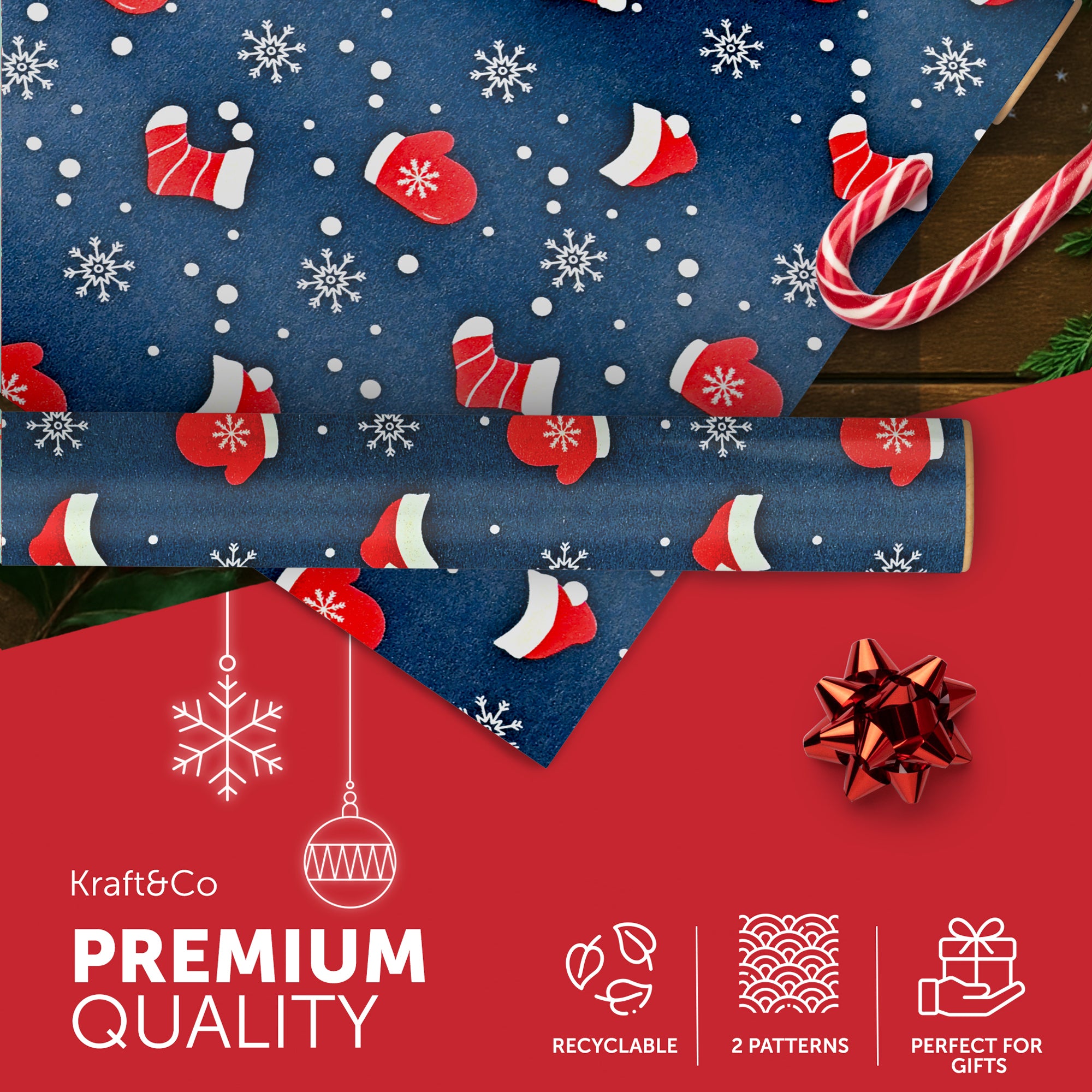 Kraft & Co 2 Pack Christmas Wrapping Paper Roll - Festive Designed Recyclable Kraft Paper, Perfect for Holiday Gifts, Arts & Crafts-Wrapping for a Merry Christmas (44.5cm x 25m)