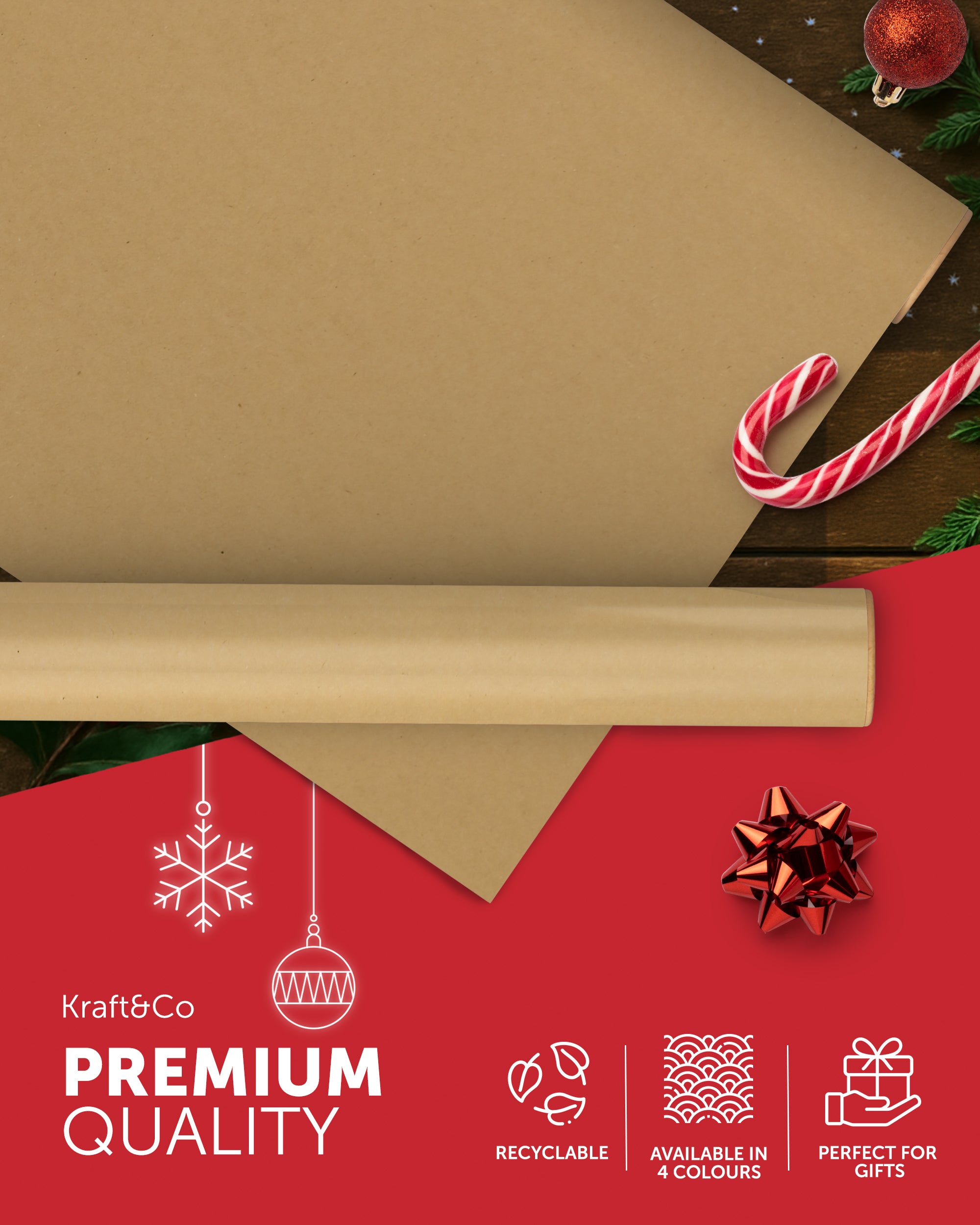 Kraft & Co Recycled Kraft Wrapping Paper Roll – 80gsm Durable Tear-Resistant Gift Wrap, Eco-Friendly, Recyclable & Biodegradable – All-Occasion Wrapping Paper