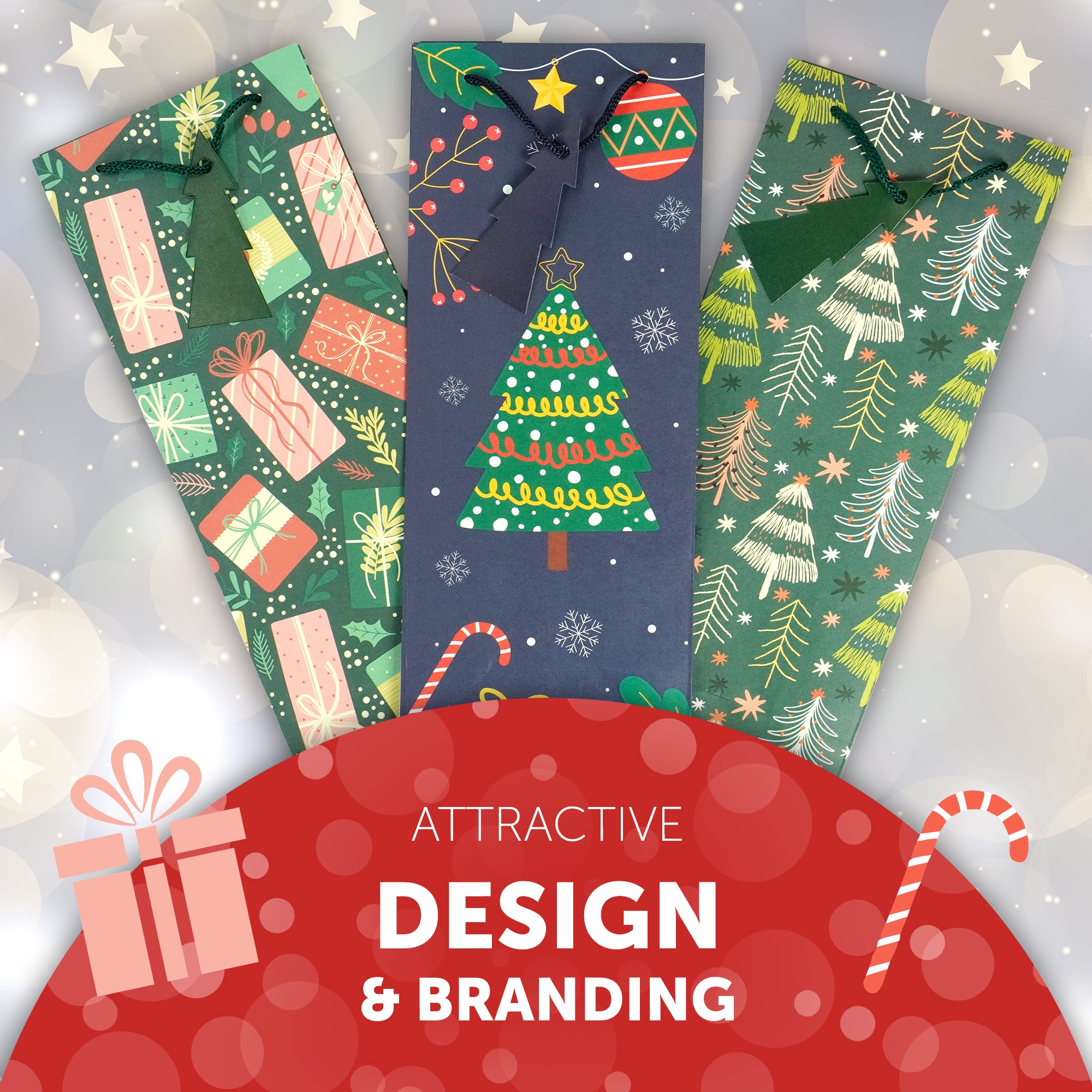 Kraft & Co - Christmas Wine Bottle Bag, 3 Festive Designs- Joy, Festive, Sparkle, Pack of 3